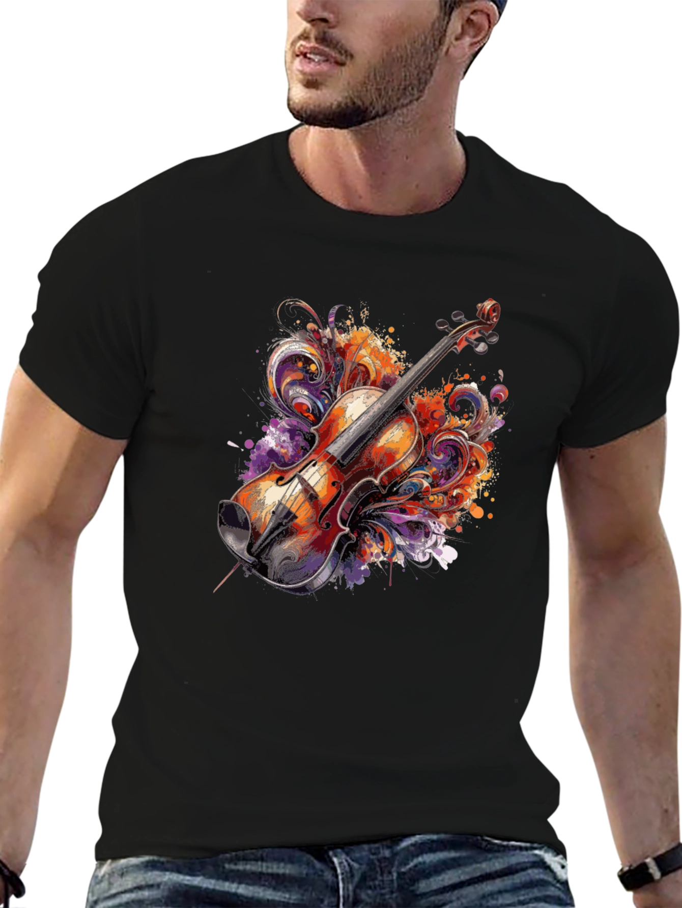 Black Musical Violin Graphic Tee - Artsy Black T-Shirt view 6