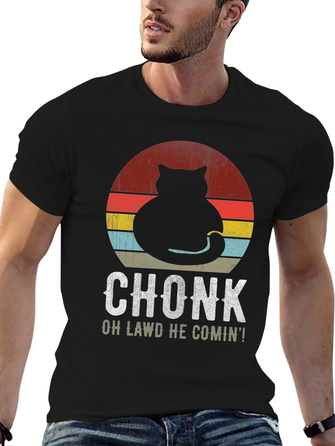 Black Chonk Cat Retro T-Shirt: Oh Lawd He Comin'! view 6