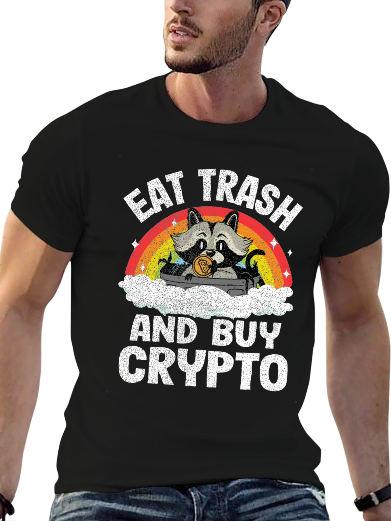 Black Eat Trash and Buy Crypto T-Shirt - Raccoon Design view 6