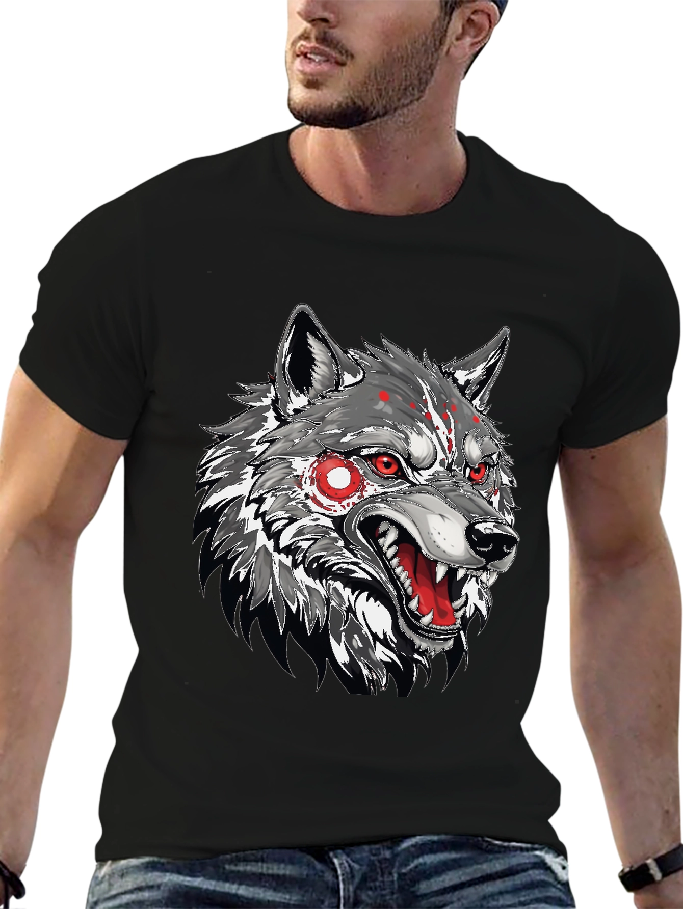 Black Men's Black T-Shirt with Wolf Graphic view 6