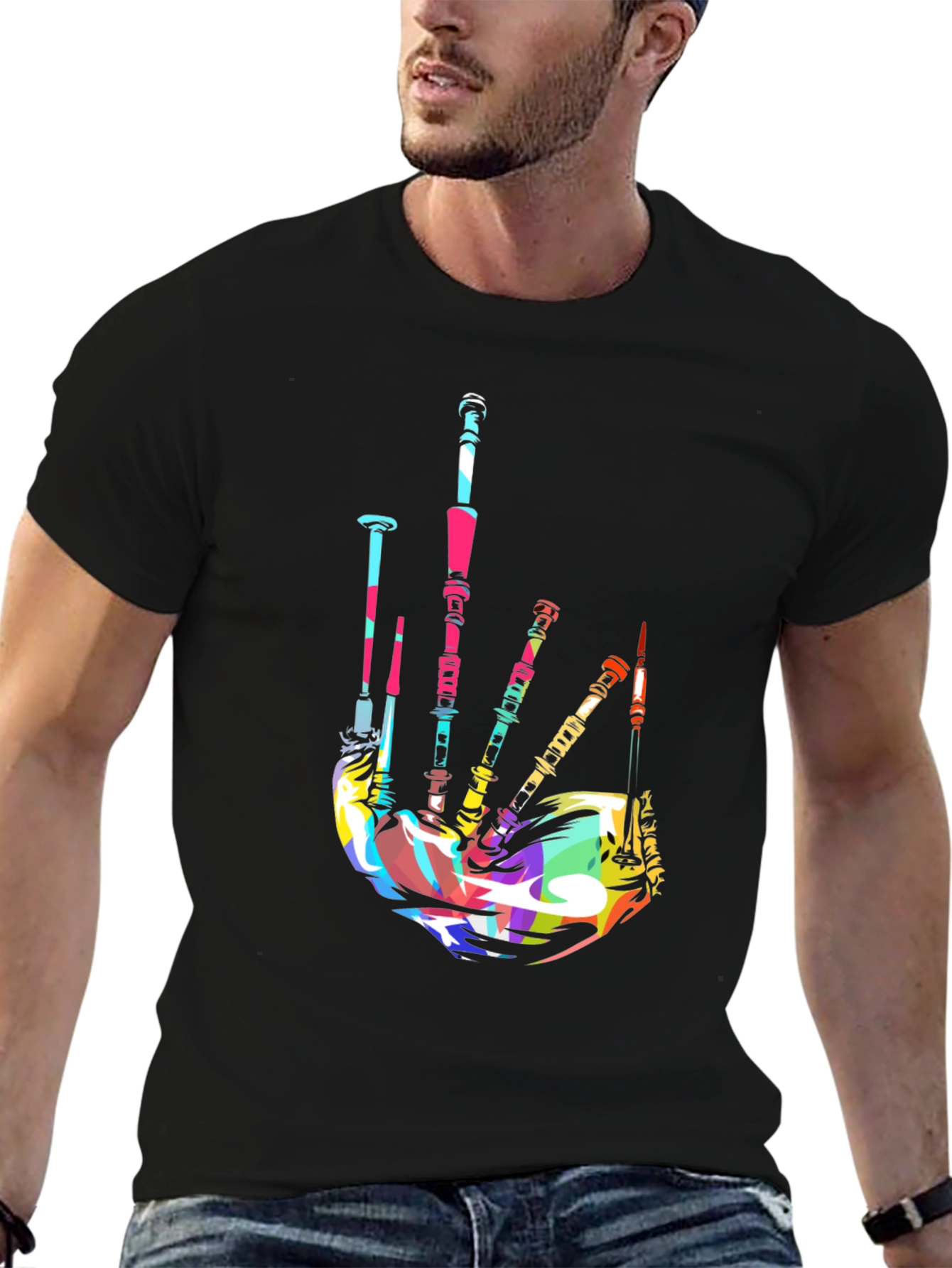 Black Colorful Bagpipe Graphic Tee view 6