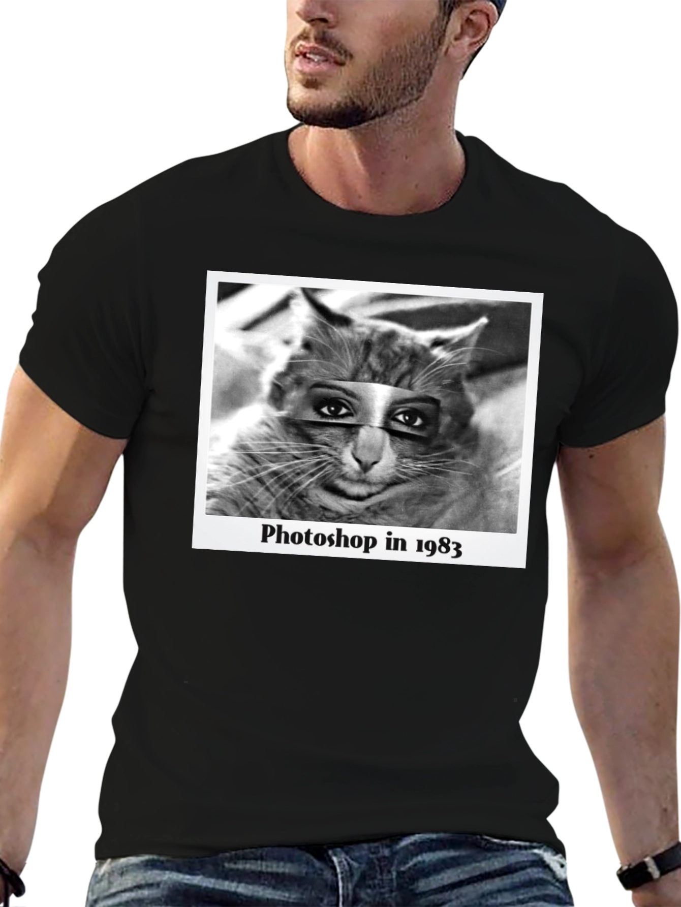 Black Retro Cat Photoshop T-Shirt view 6