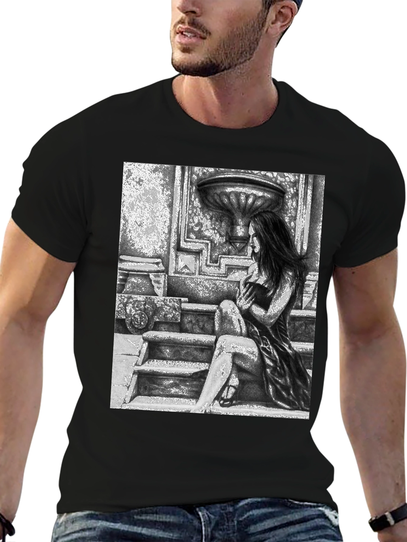 Black Gothic Beauty Tee - Woman on Steps Graphic T-Shirt view 6