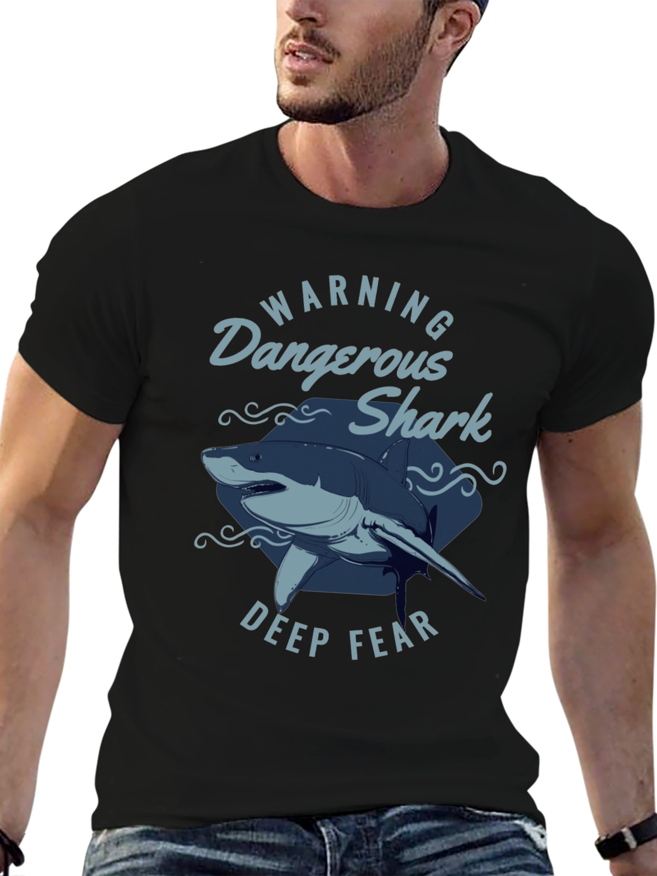 Black Dangerous Shark Graphic Print Black T-Shirt view 6