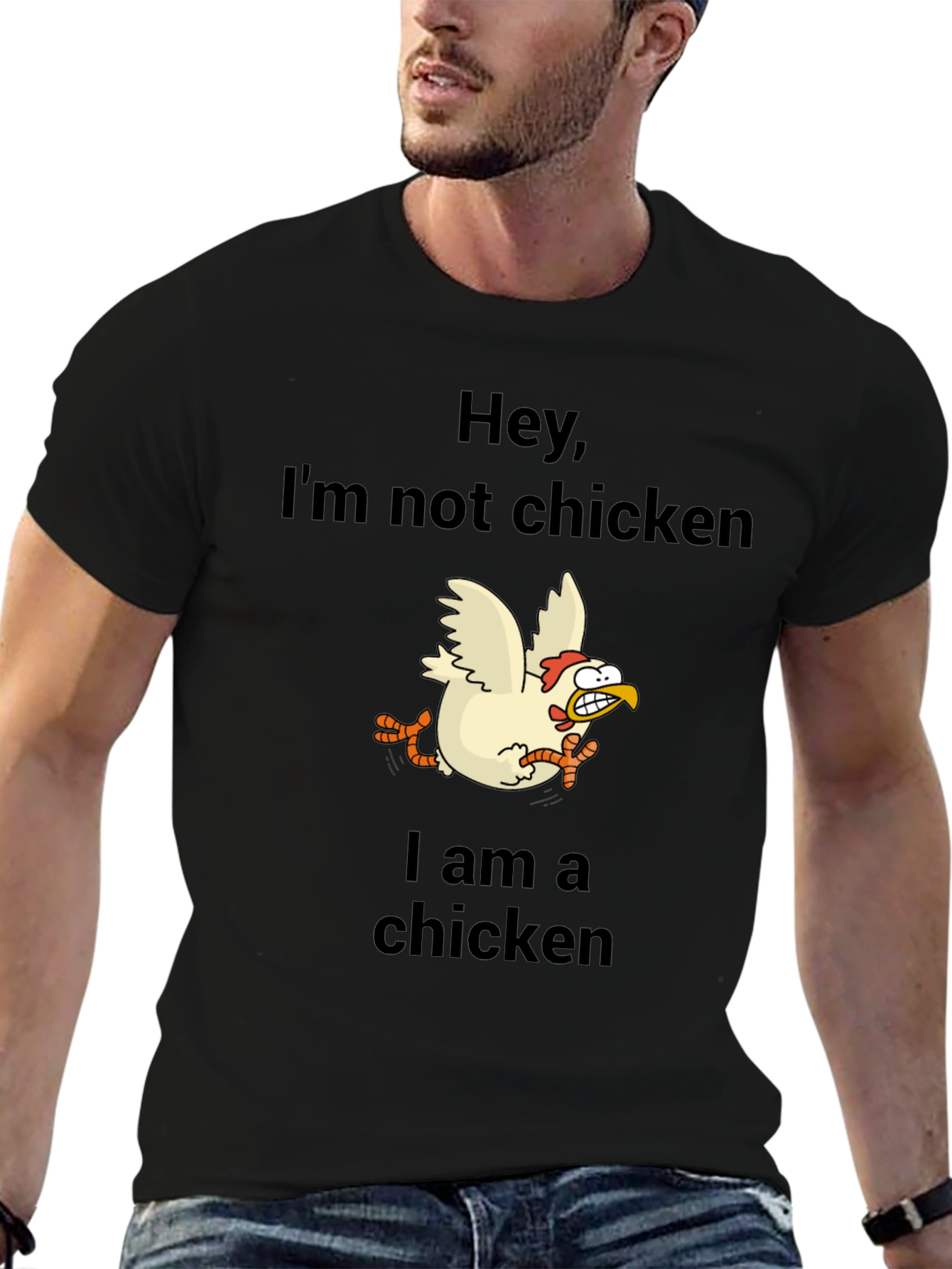 Black Funny Chicken Graphic Tee - Hey, I'm Not Chicken T-Shirt view 6