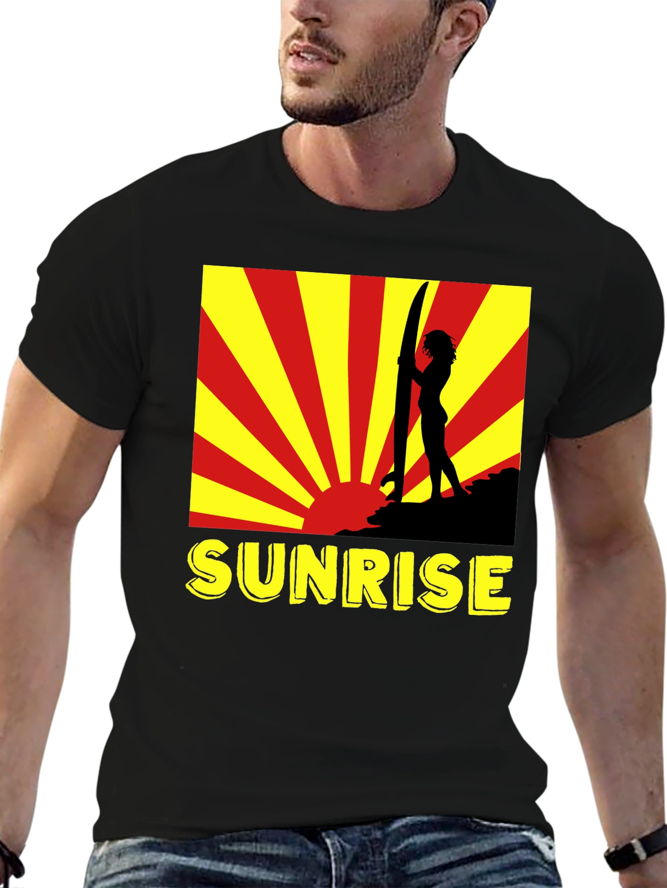 Black Sunrise Surfer Graphic Tee - Black Cotton T-Shirt view 6