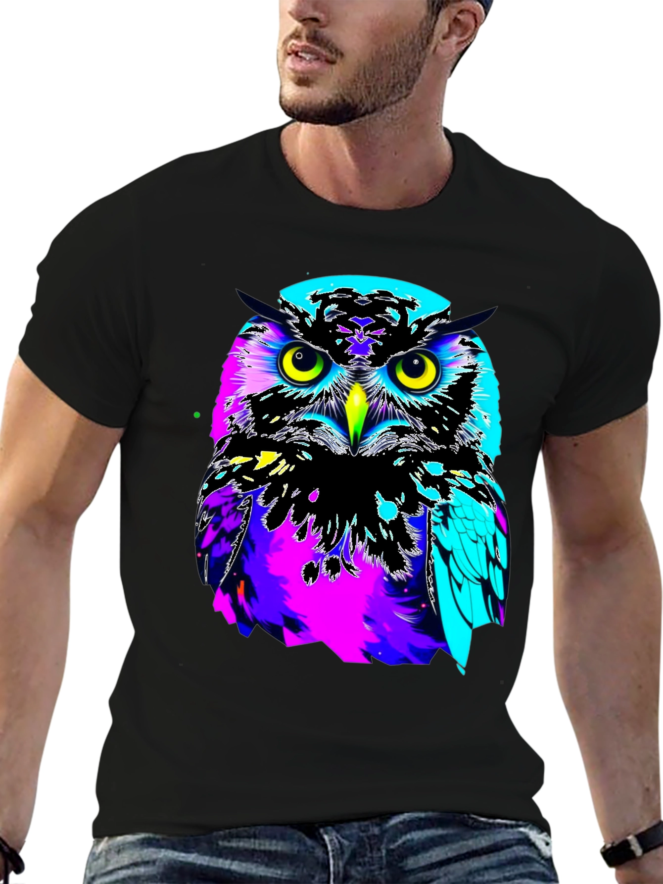 Black Vibrant Owl Graphic Black T-Shirt view 6
