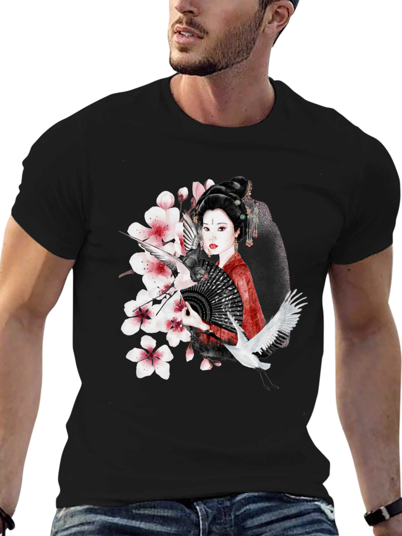 Black Asian Geisha Crane T-Shirt - Stylish Graphic Tee view 6