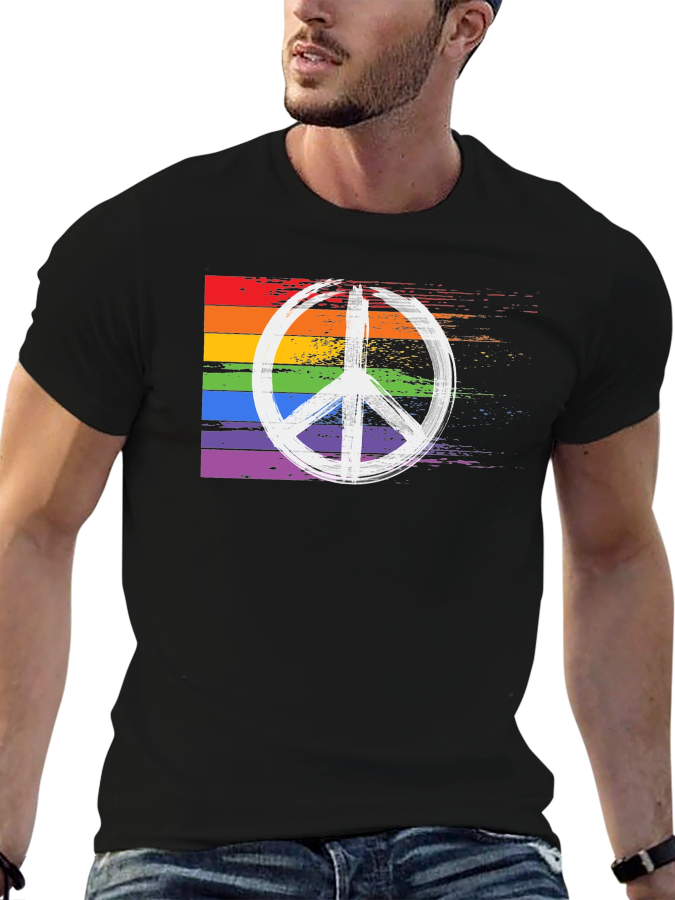 Black Rainbow Peace Sign T-Shirt - Black Cotton Blend view 6