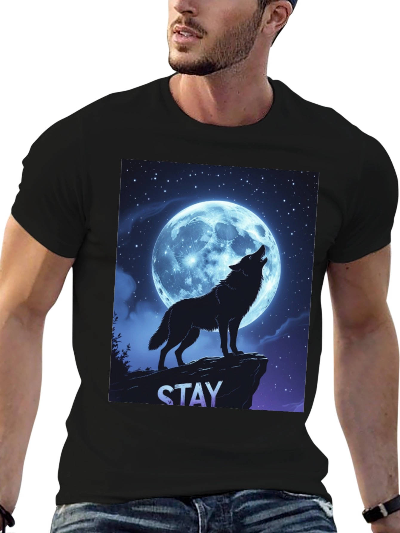 Black Wolf Howling Moon T-Shirt - Stay Wild Graphic Tee view 6