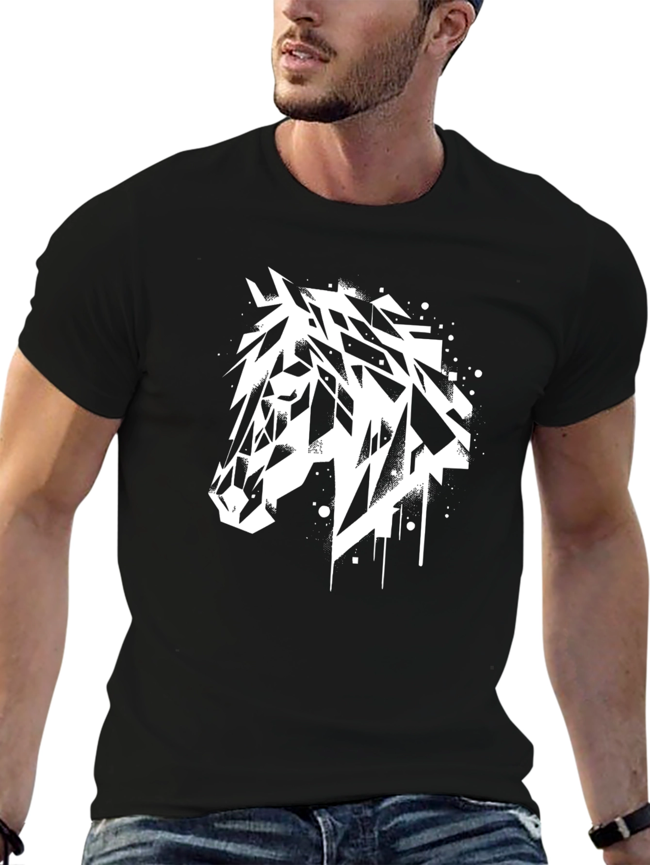 Black Geometric Horse Tee - Black Graphic T-Shirt view 6
