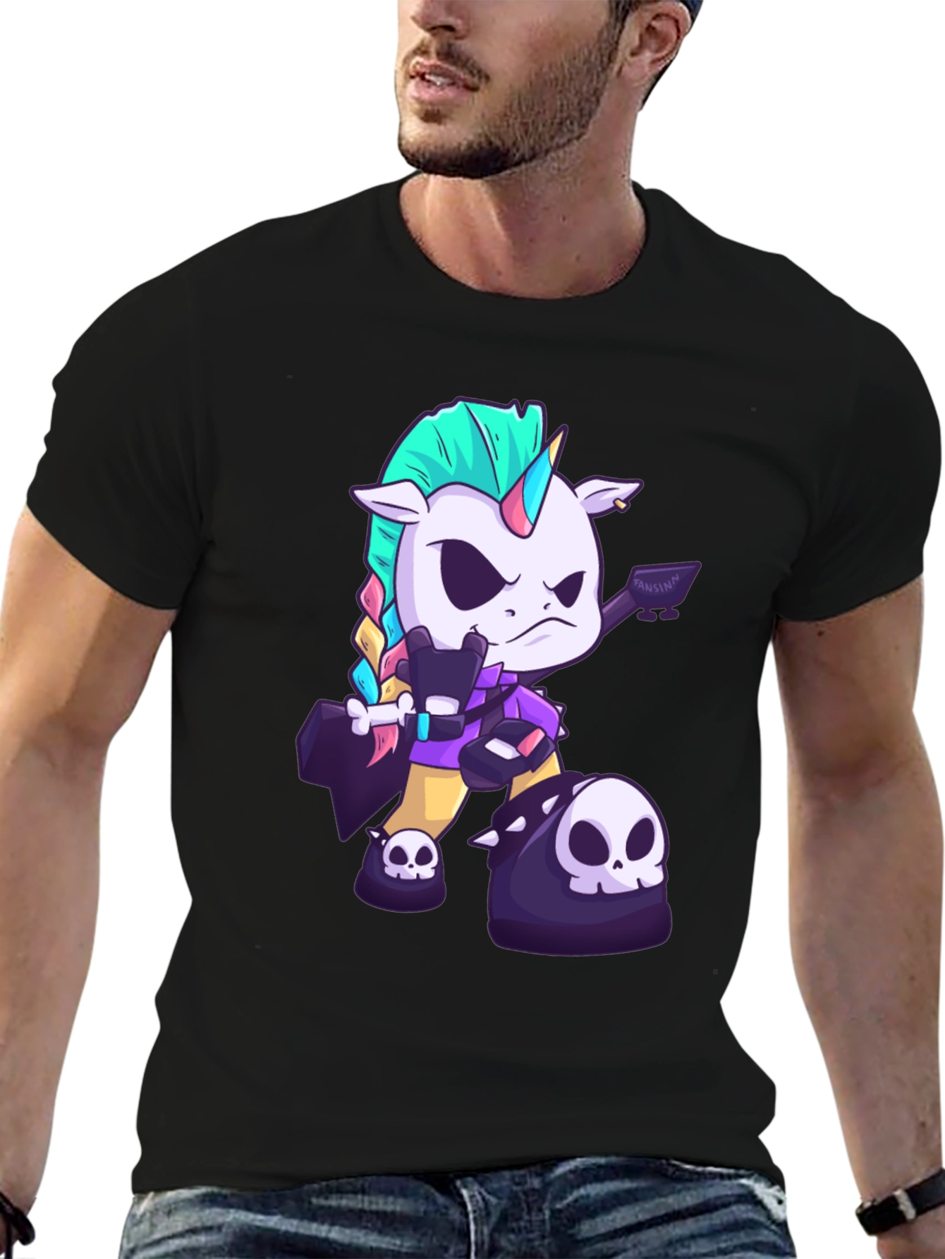 Black Edgy Unicorn Graphic Tee - Black Cotton T-Shirt view 6