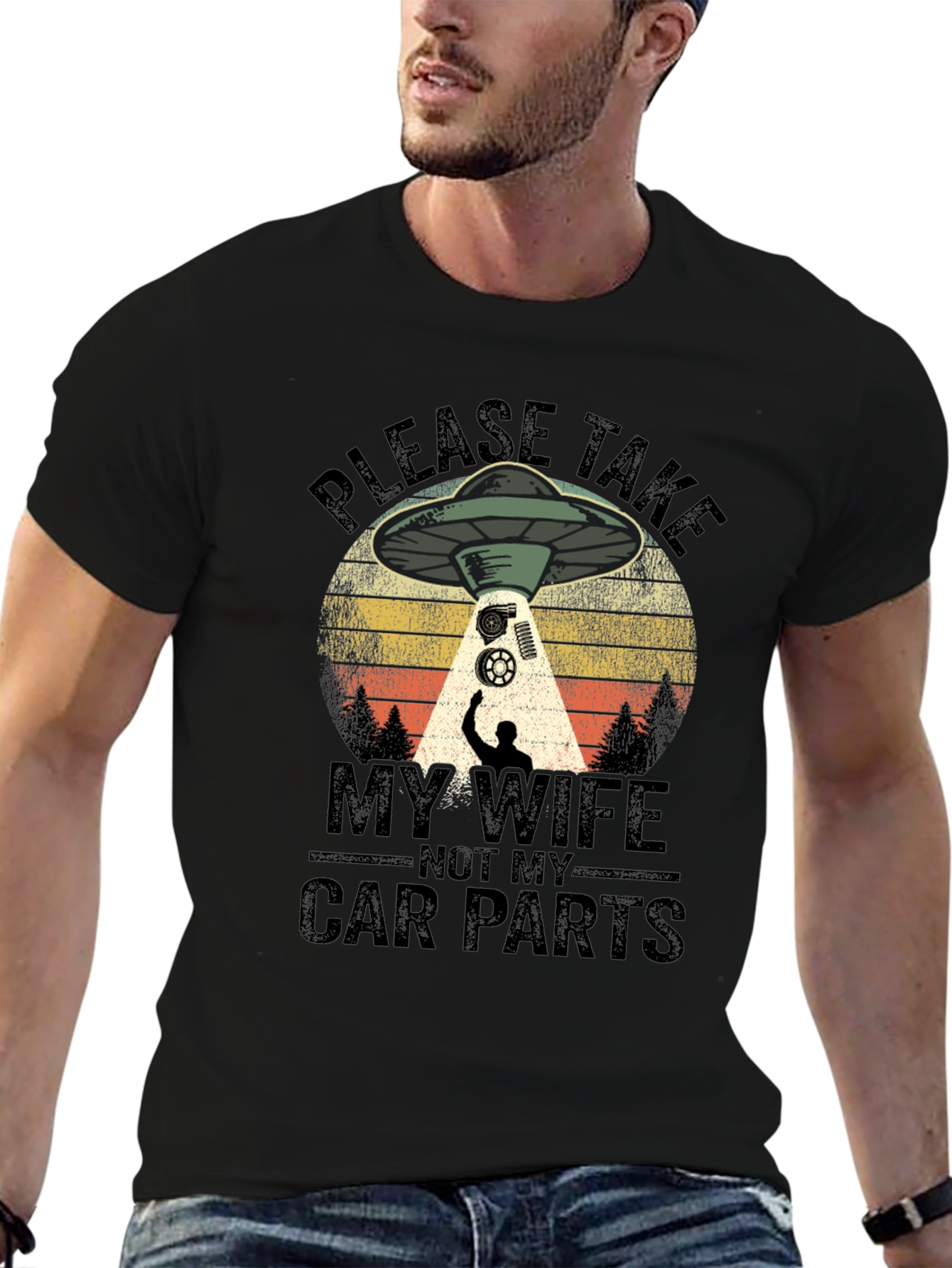 Black Funny Alien Abduction Car Parts Men's T-Shirt view 6