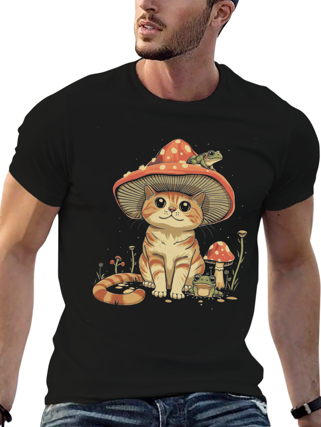 Black Mushroom Cat & Frog T-Shirt view 6