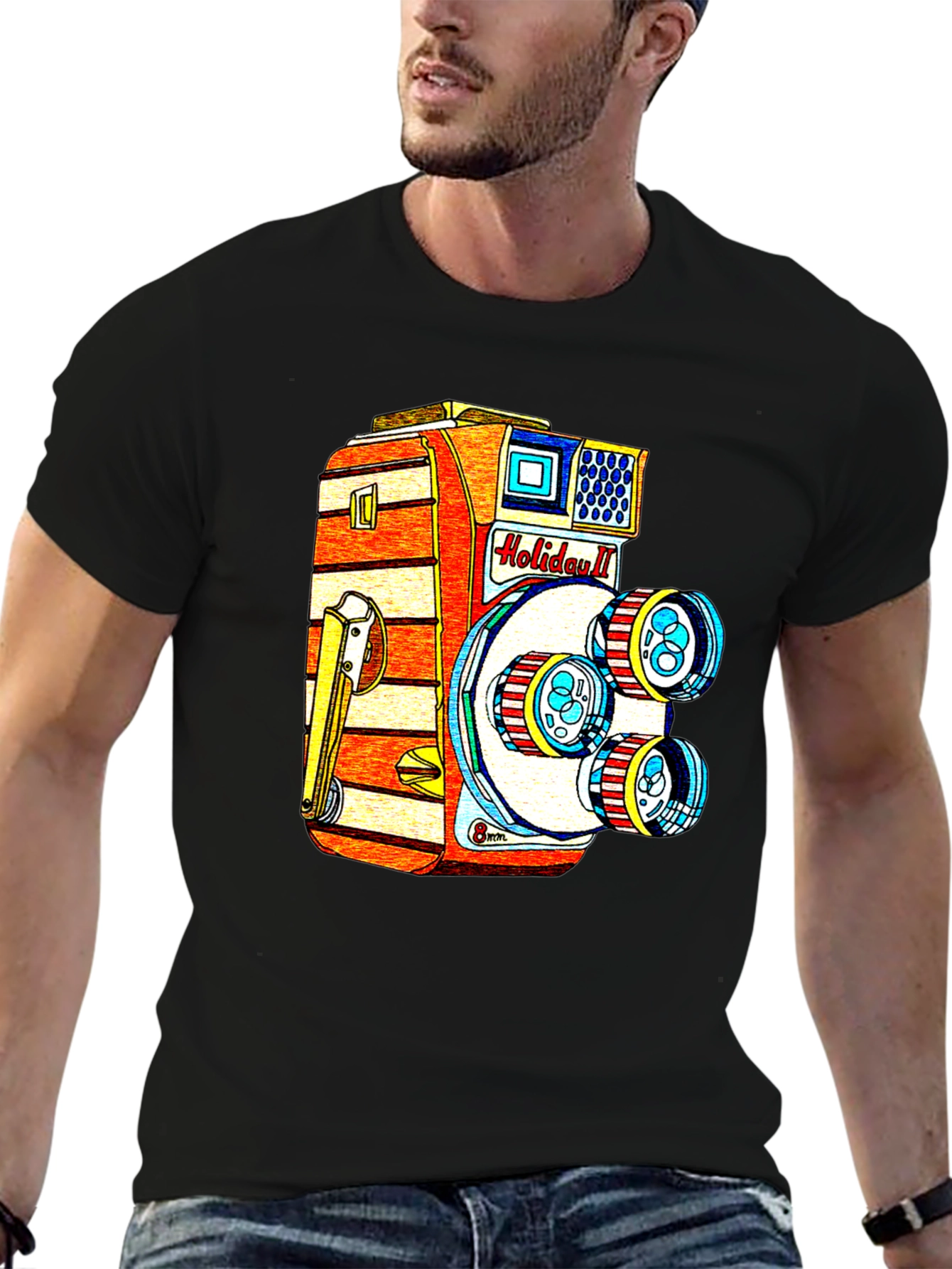 Black Retro Holiday II Camera Graphic T-Shirt view 6
