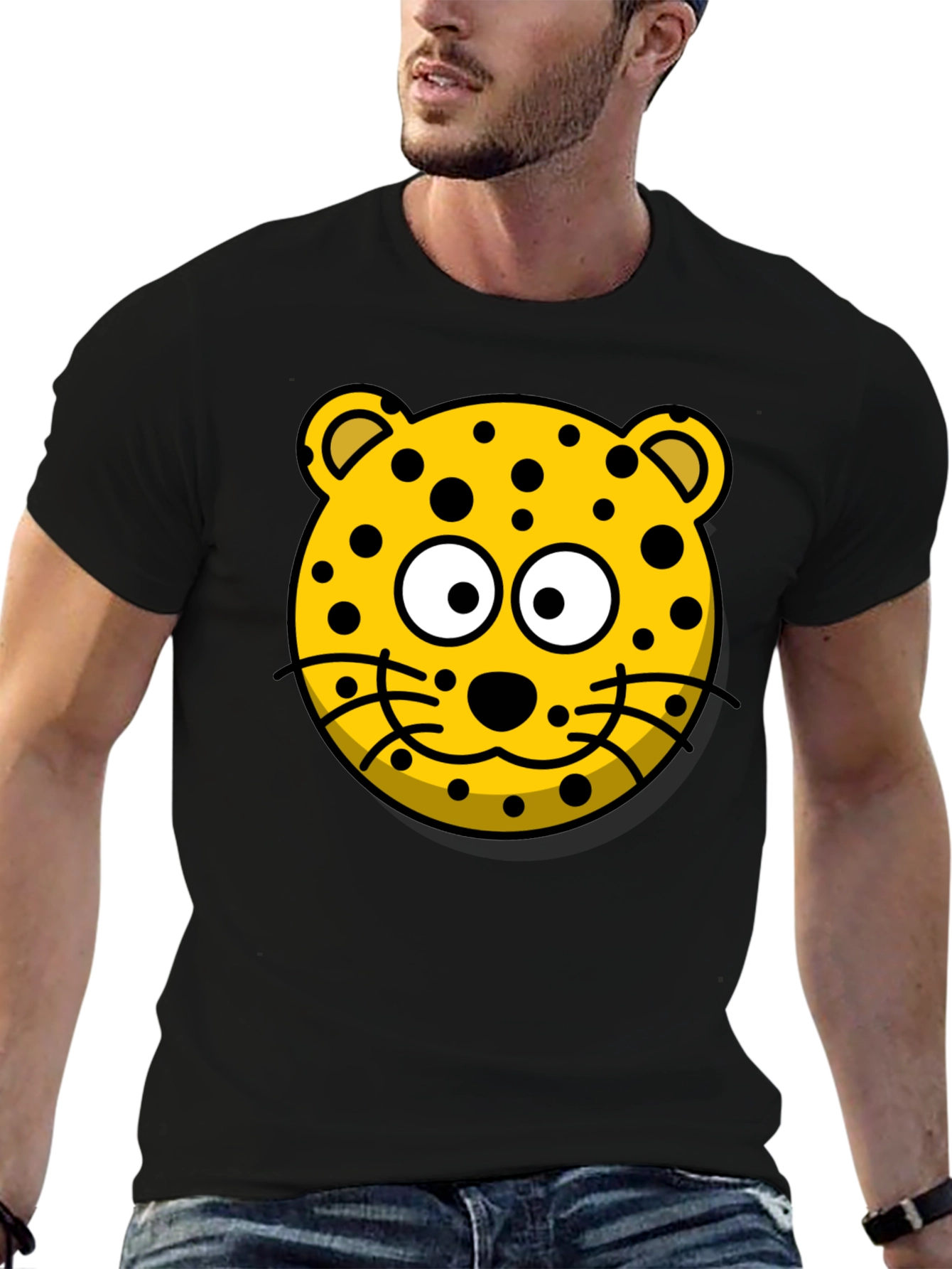 Black Cartoon Leopard Graphic T-Shirt - Black Cotton Tee view 6