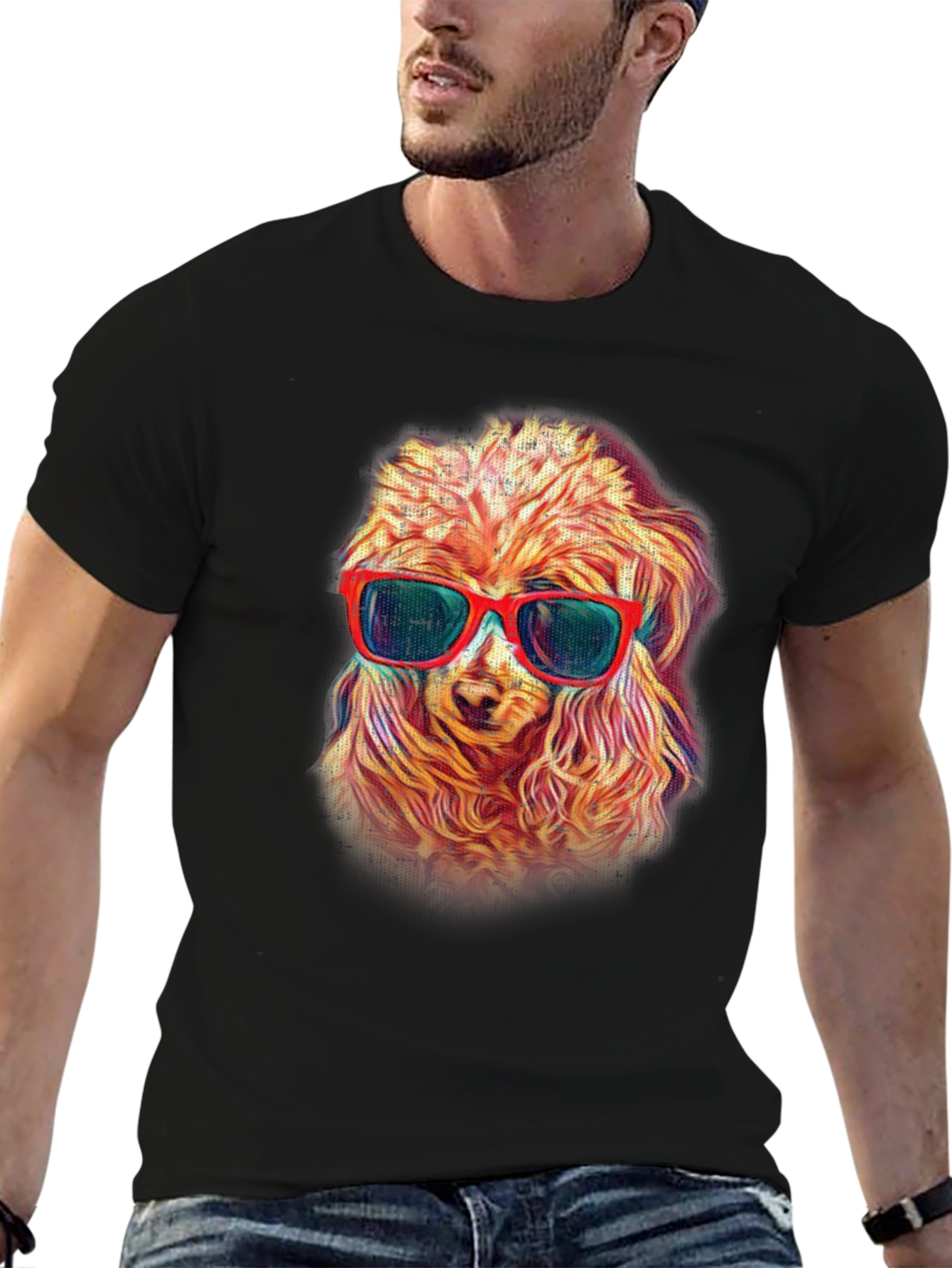 Black Cool Dog in Shades Men's Black T-Shirt view 6