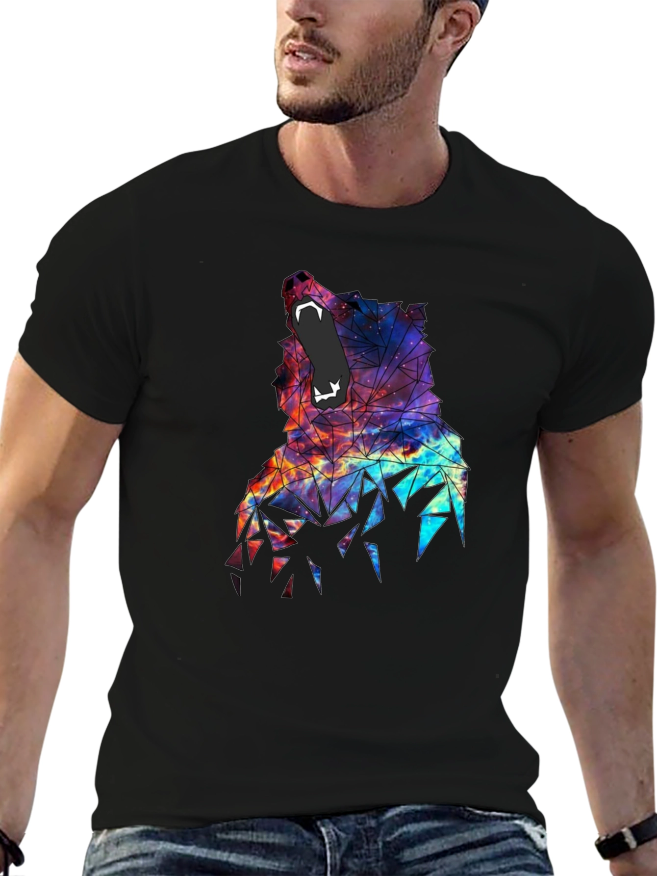 Black Geometric Wolf Galaxy T-Shirt - Unique Design view 6