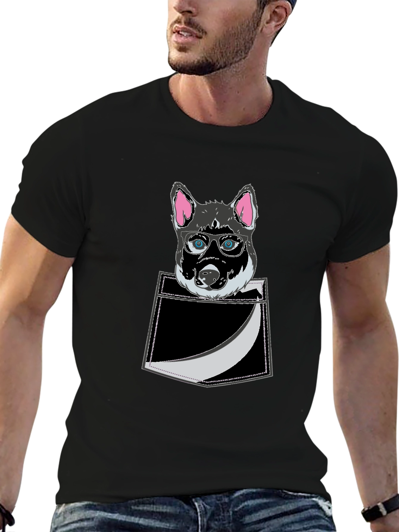 Black Cool Dog in Pocket T-Shirt - Stylish Graphic Tee view 6