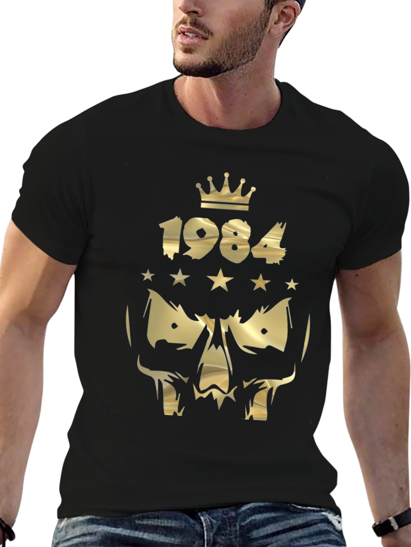 Black 1984 Skull Graphic T-Shirt - Gold Print Design view 6