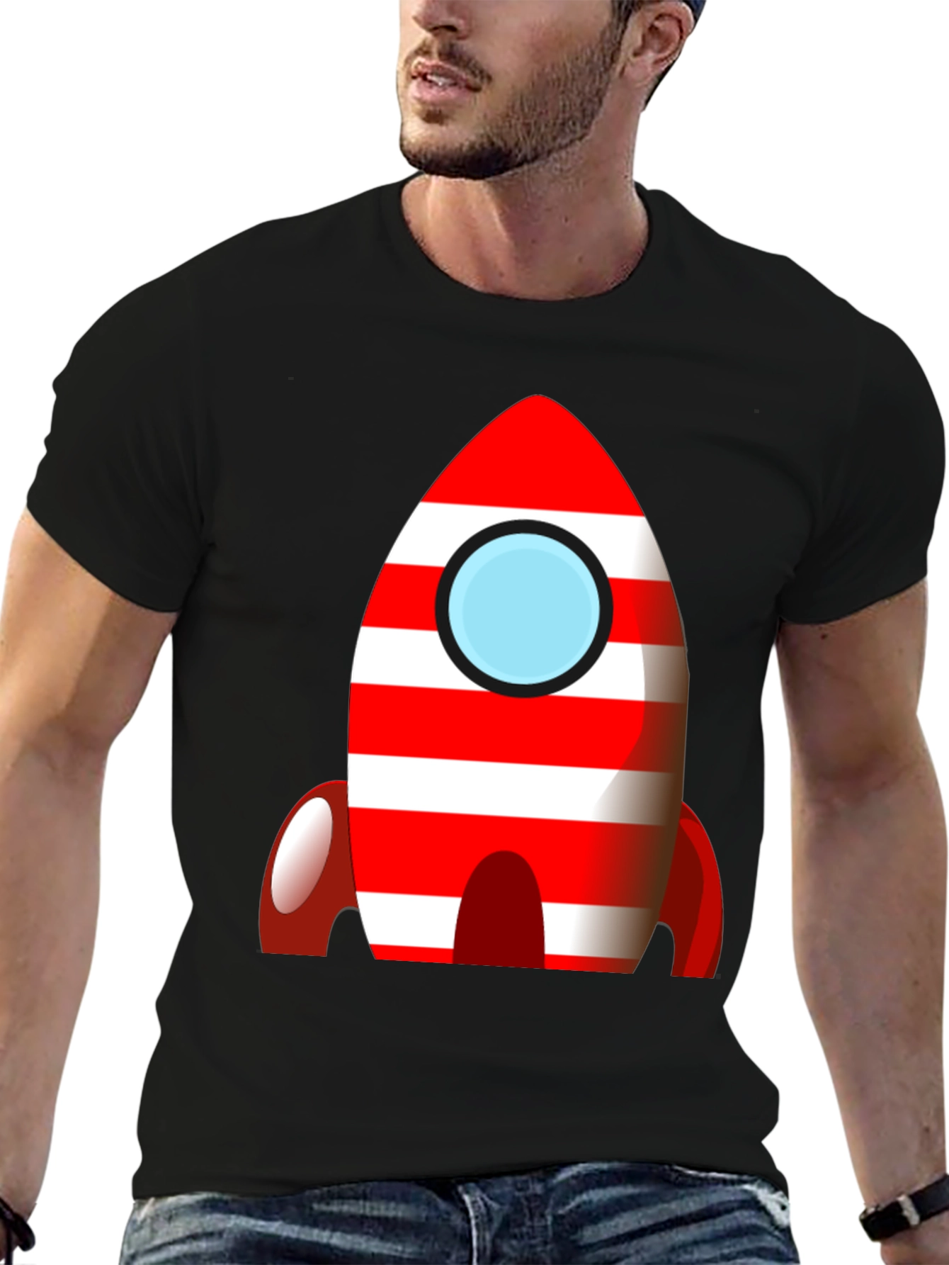 Black Retro Rocket T-Shirt - Bold Striped Design view 6
