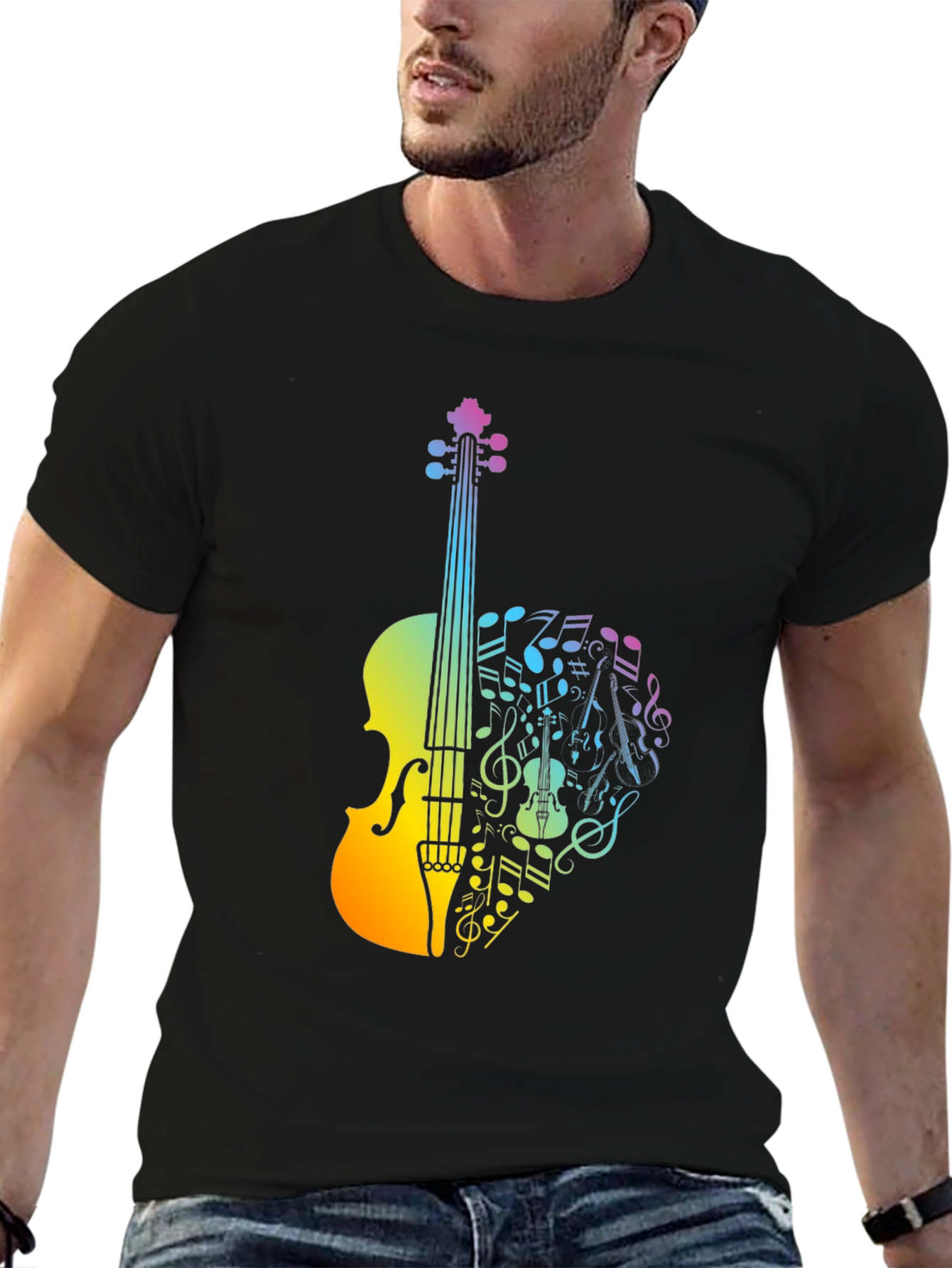 Black Musical Violin T-Shirt - Rainbow Notes Design view 6