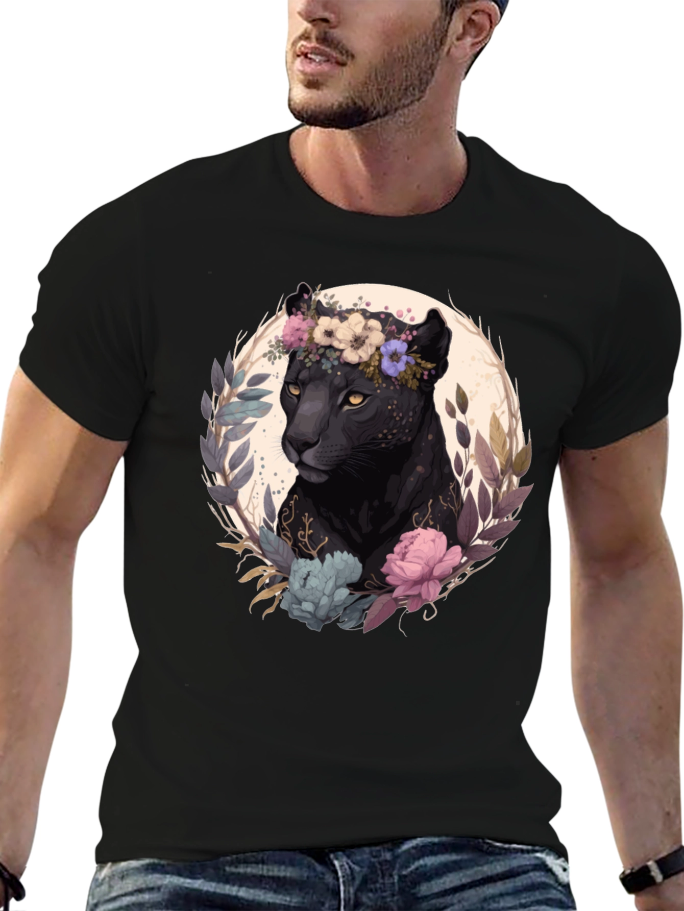 Black Black Panther Floral Wreath Graphic Tee view 6