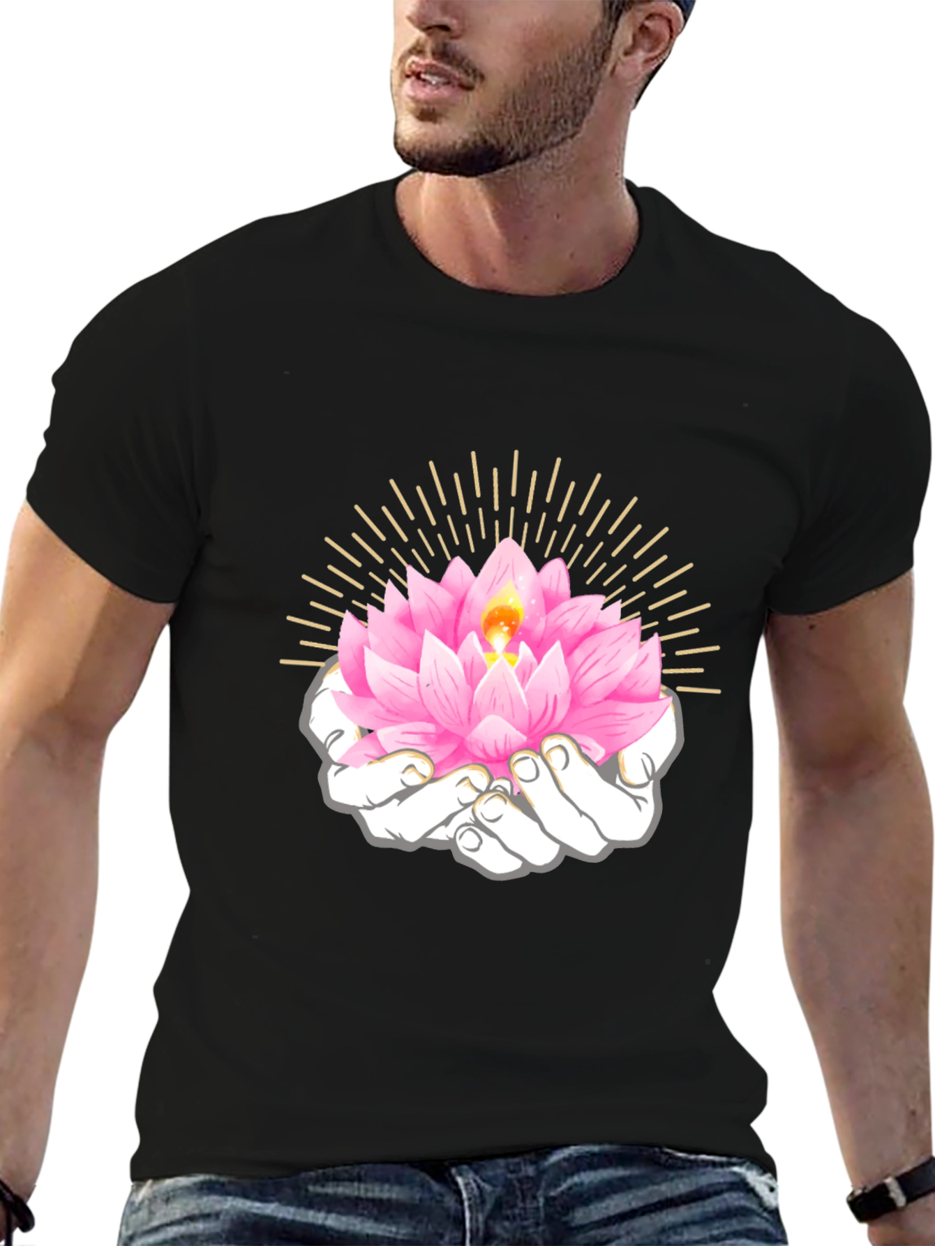Black Lotus Flower in Hands Graphic T-Shirt view 6