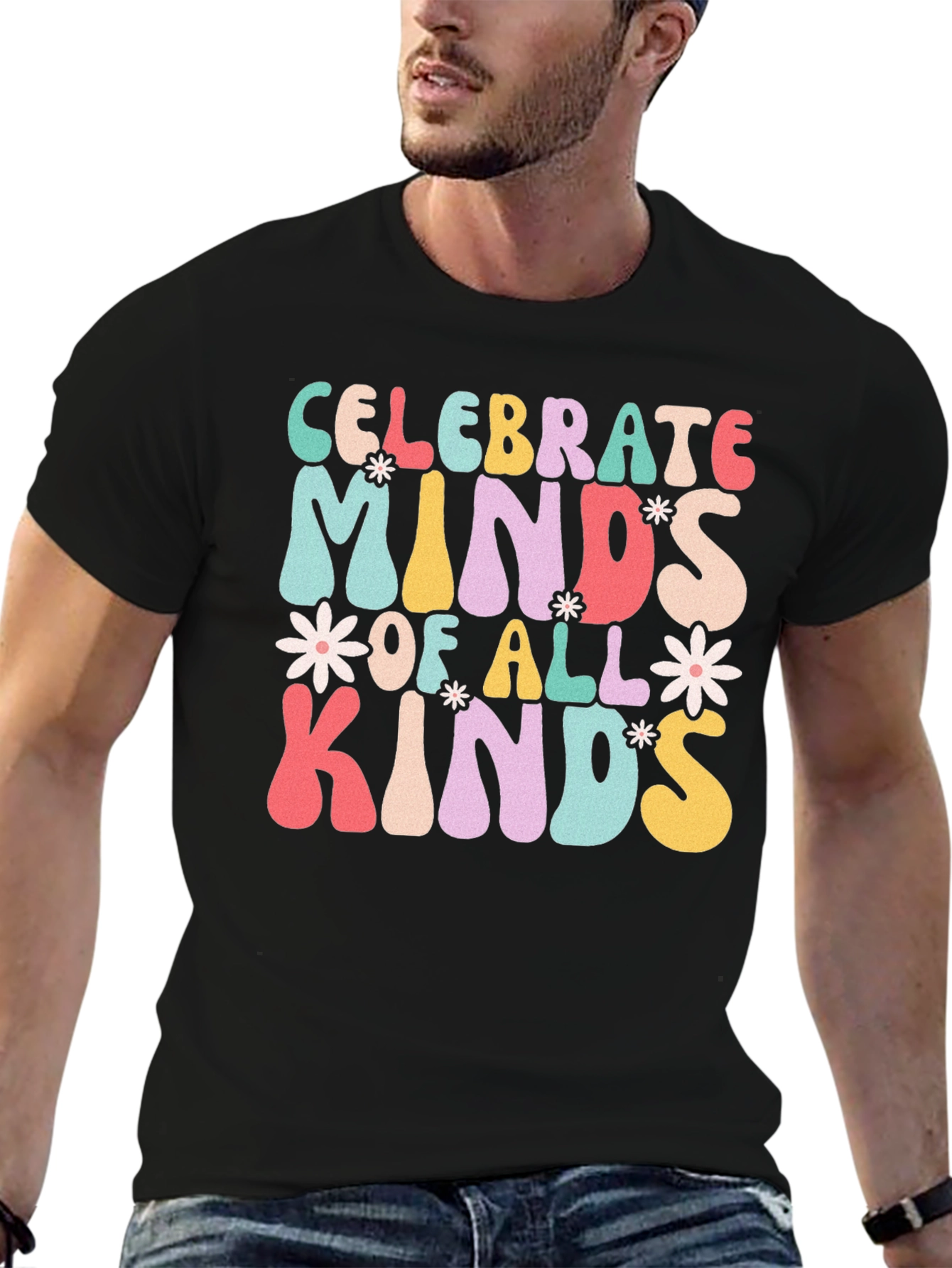 Black Celebrate Minds T-Shirt, Retro Design view 6