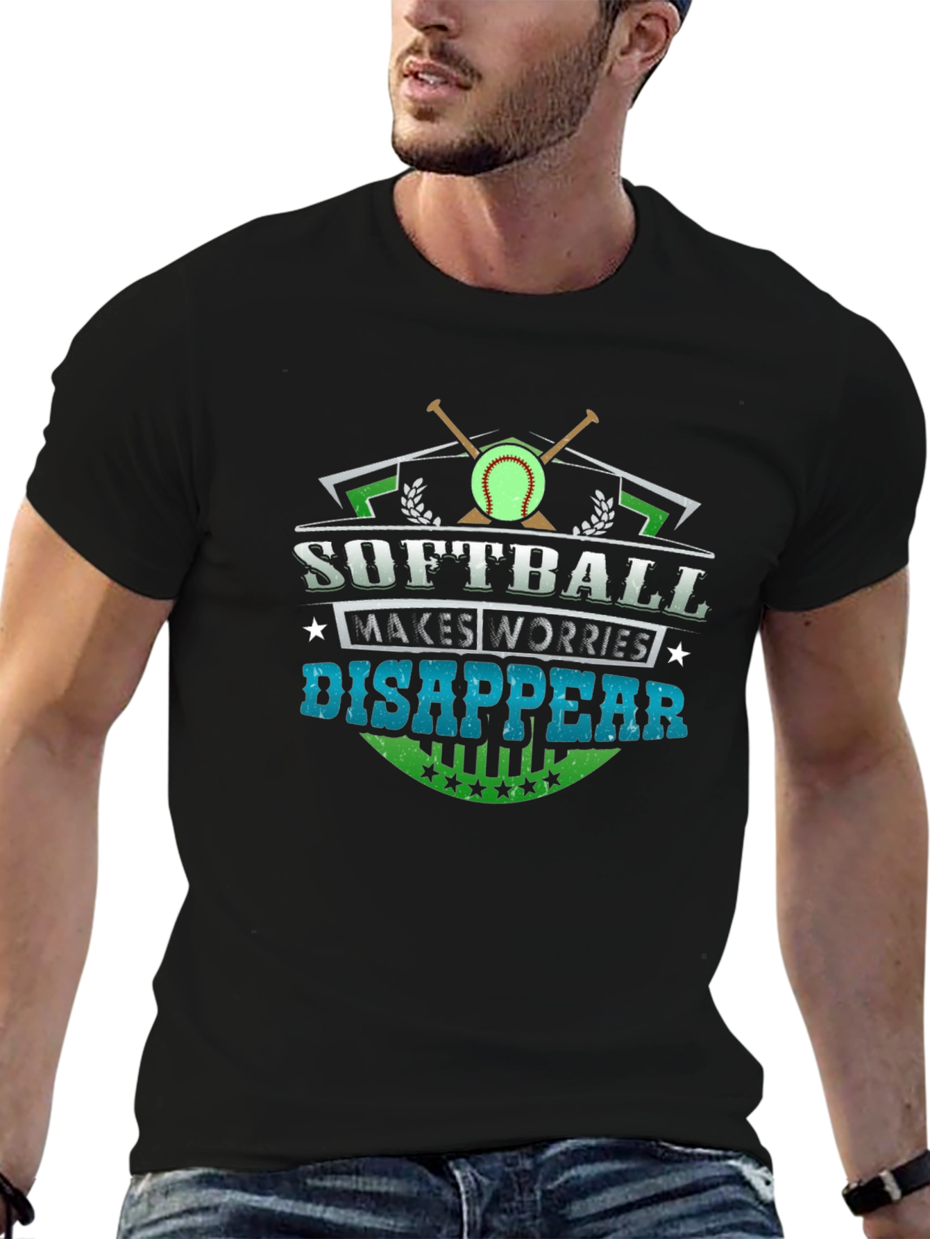 Black Softball Makes Worries Disappear Graphic T-Shirt view 6