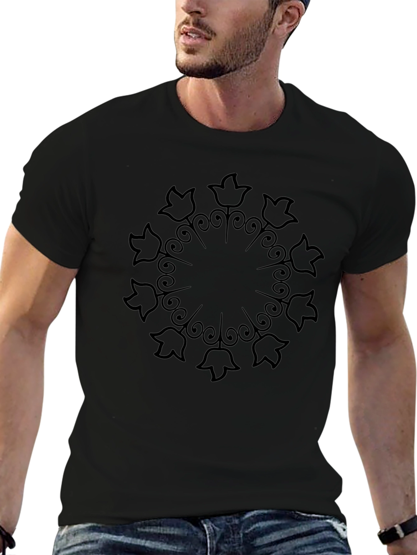 Black Floral Mandala Graphic T-Shirt - Black view 6