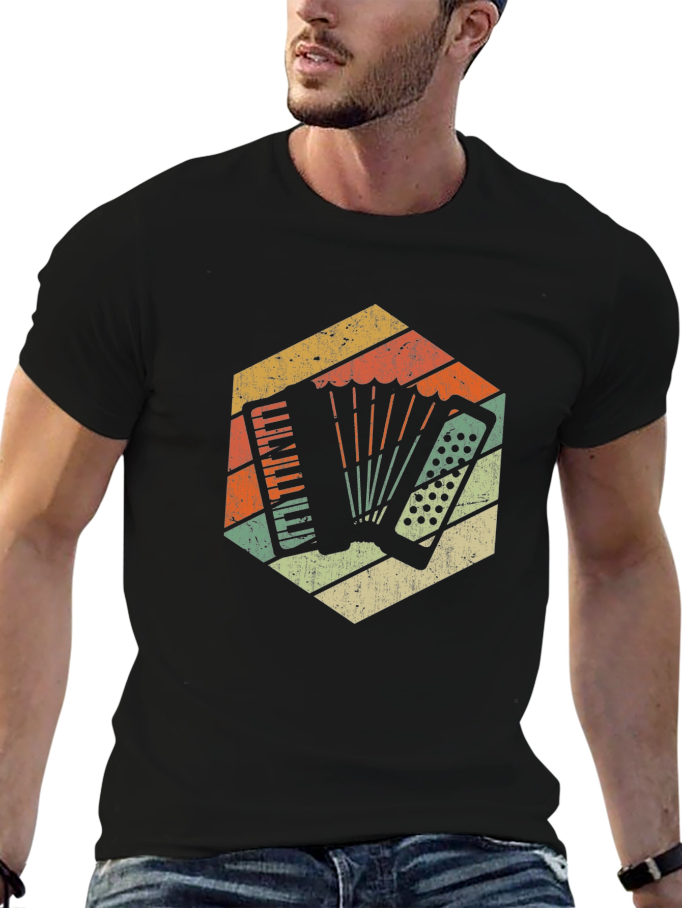 Black Vintage Accordion Retro Style T-Shirt view 6