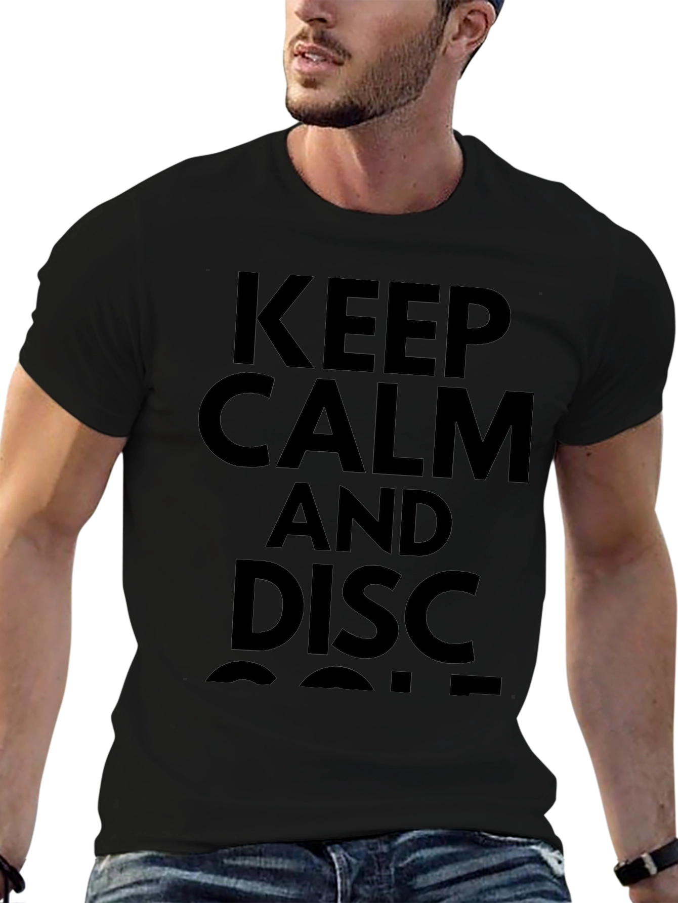 Black Keep Calm & Disc Golf Tee - Funny Disc Golf T-Shirt view 6