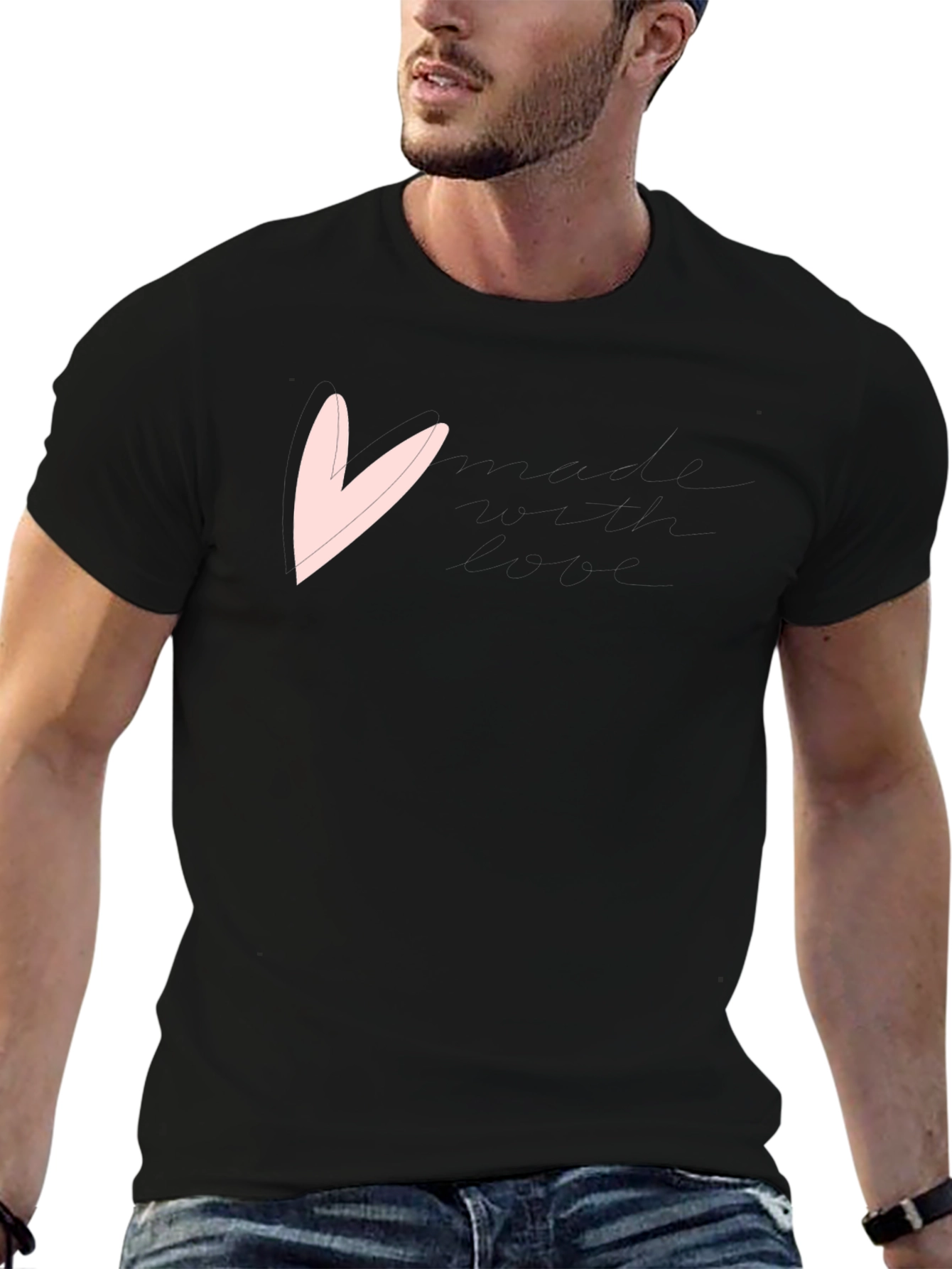 Black Men's Black T-Shirt with Pink Heart Graphic view 6