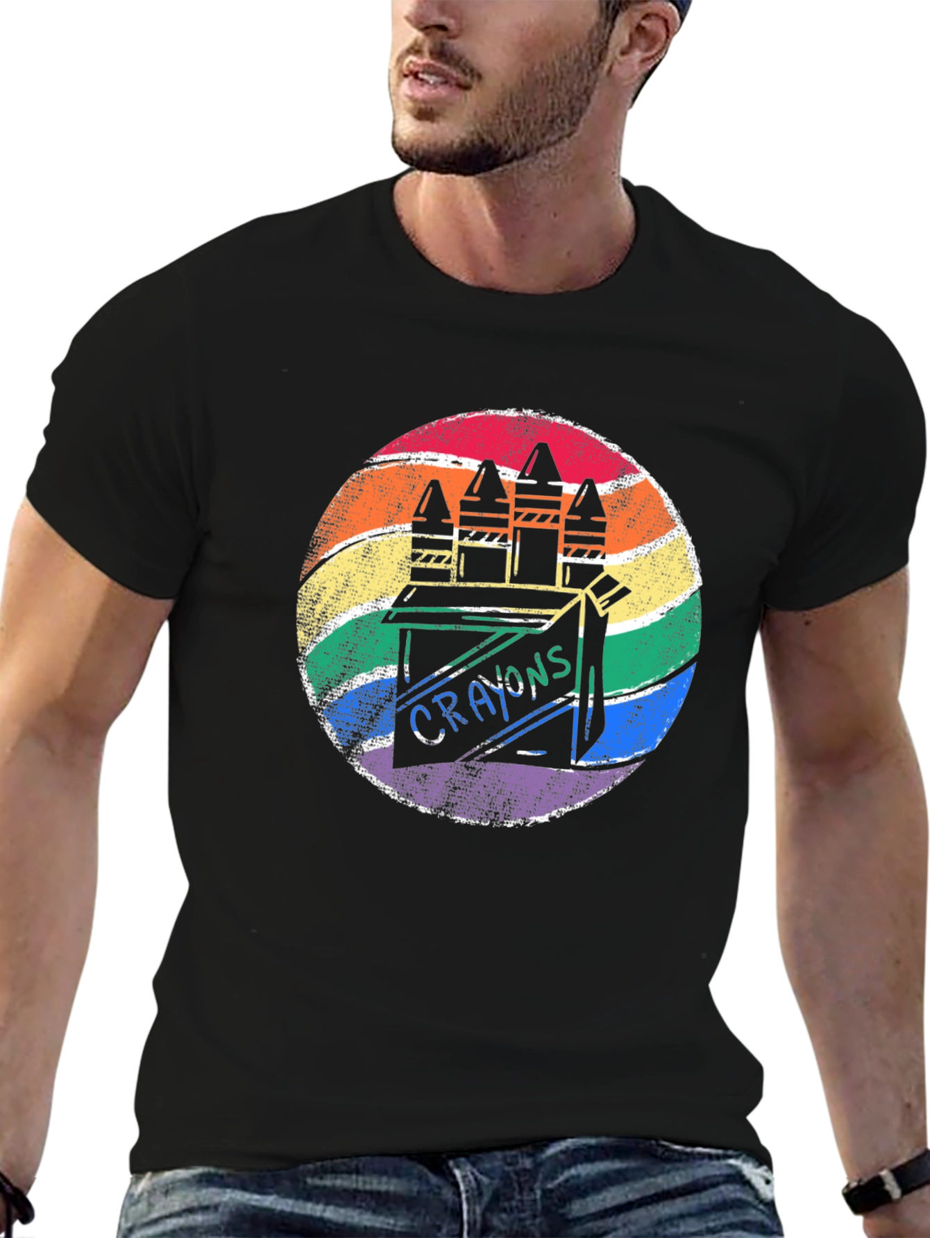 Black Retro Rainbow Crayon Box T-Shirt view 6