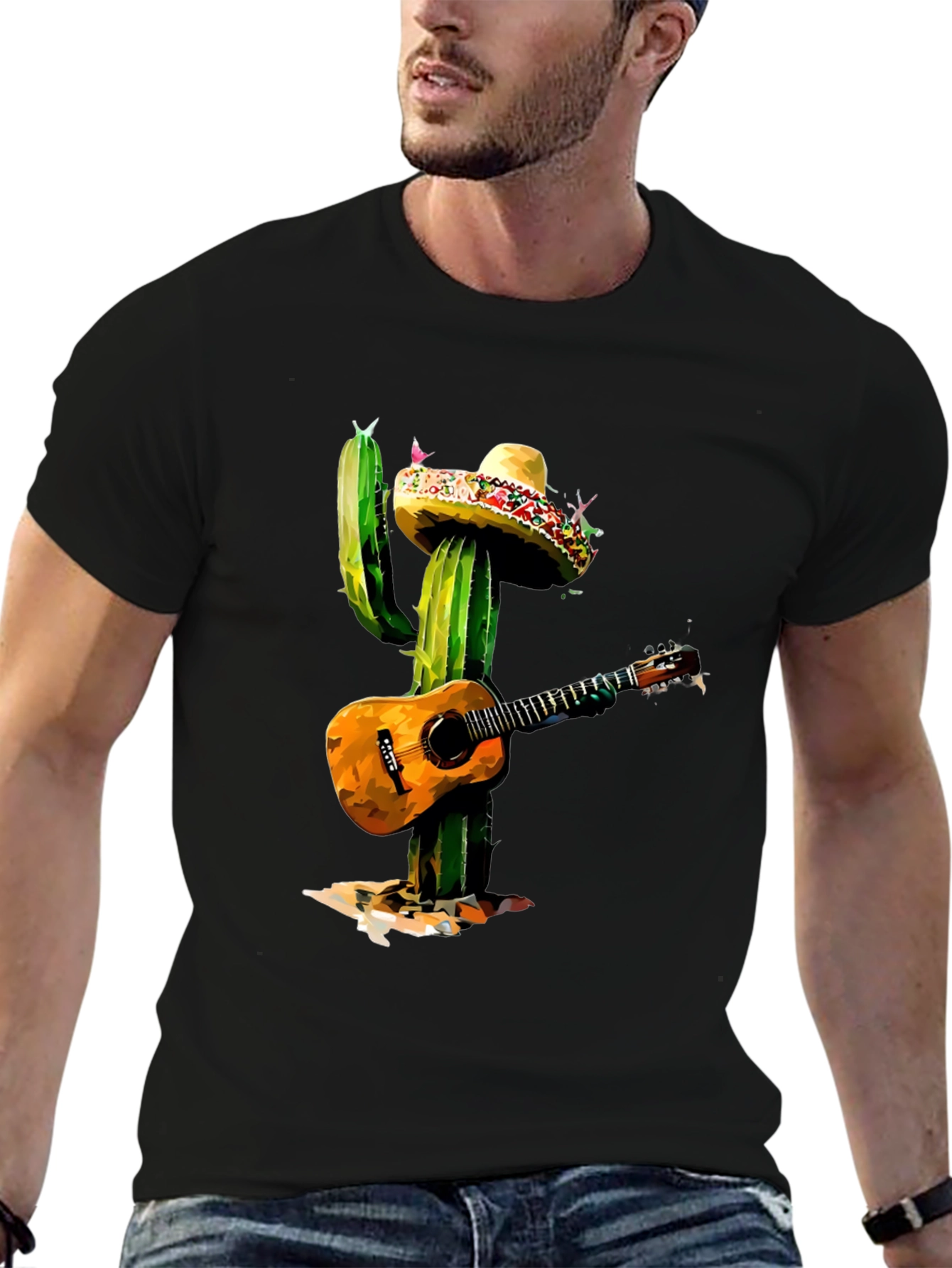 Black Cactus Mariachi T-Shirt - Guitar Playing Desert Plant Tee view 6
