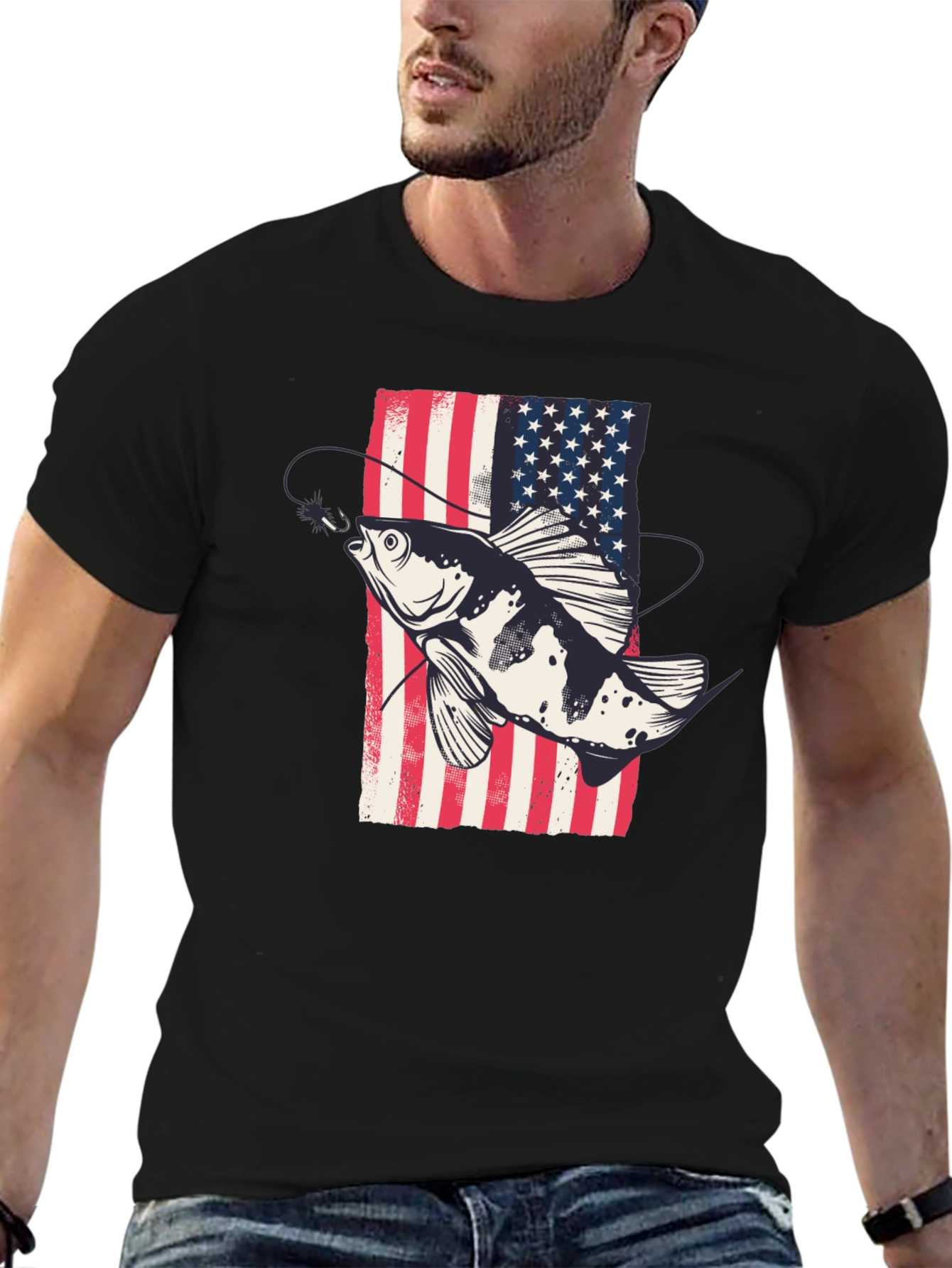 Black American Flag Fish Graphic Tee - Patriotic Angler Shirt view 6