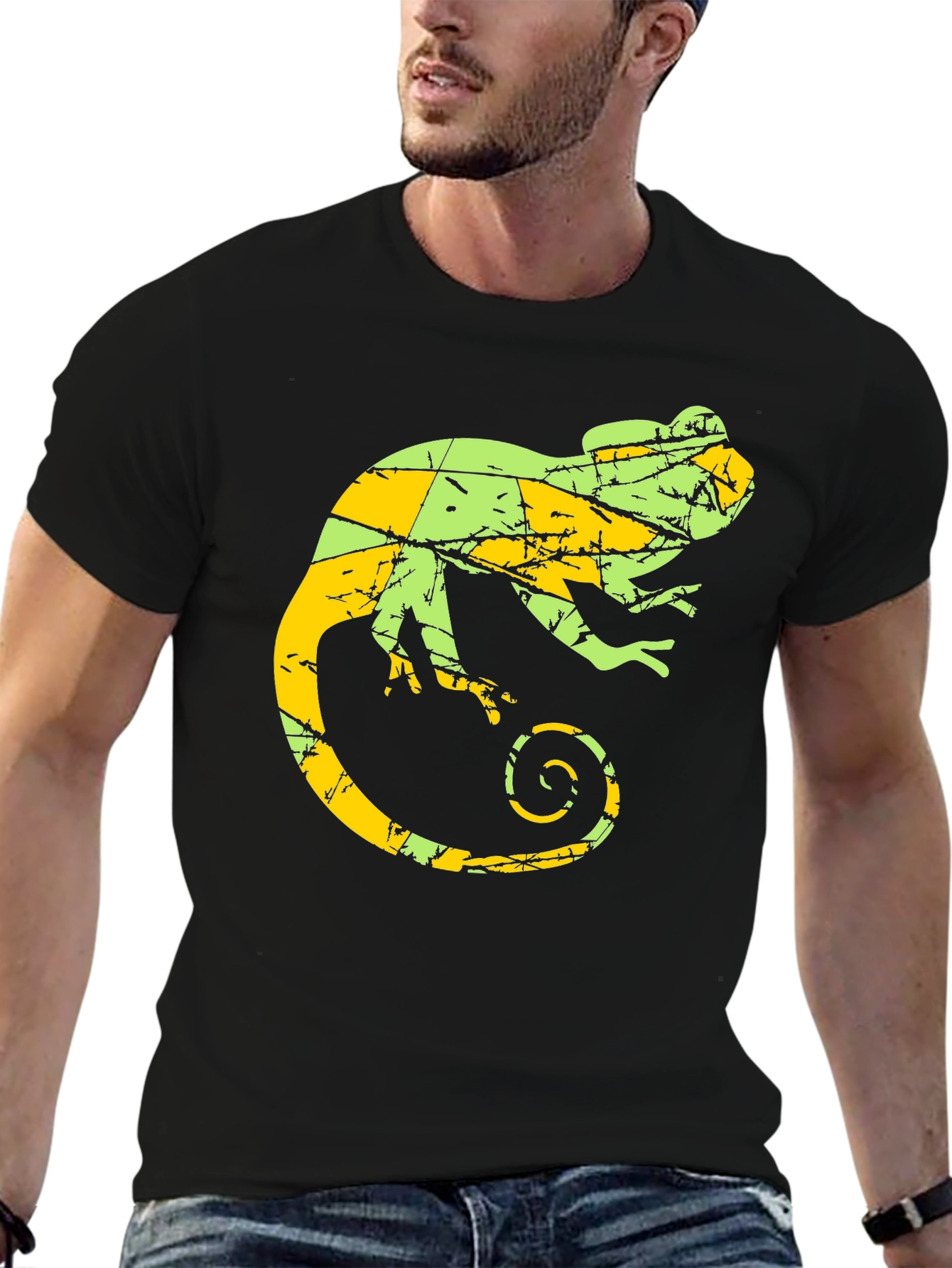 Black Men's Chameleon Graphic Print Crew Neck T-Shirt view 6