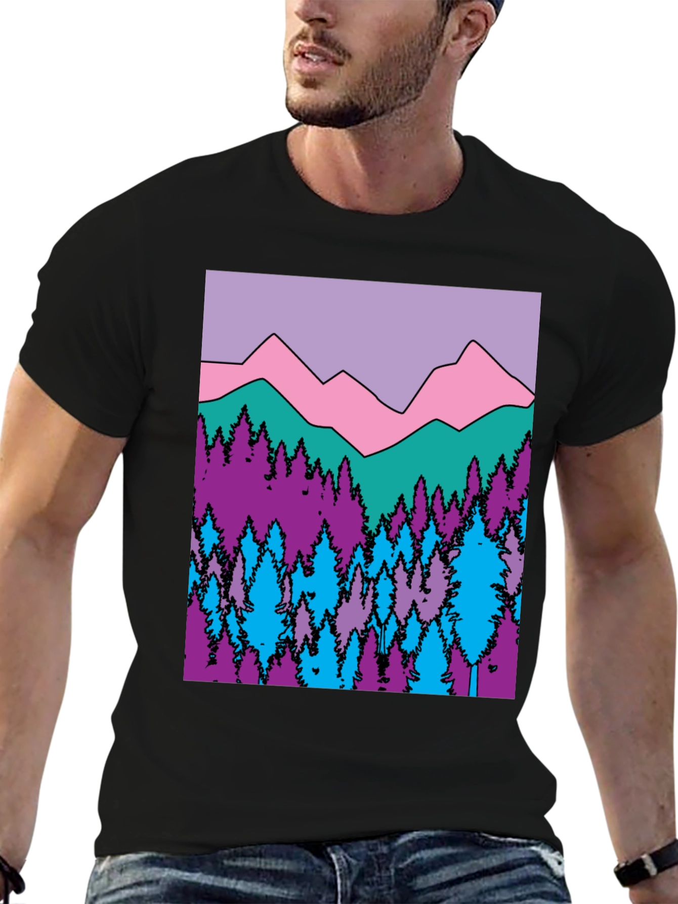 Black Mountains & Trees Graphic T-Shirt - Colorful Nature Design view 6