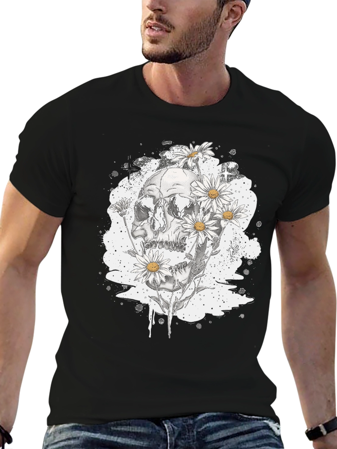 Black Skull & Daisy Graphic Tee - Edgy Black T-Shirt view 6