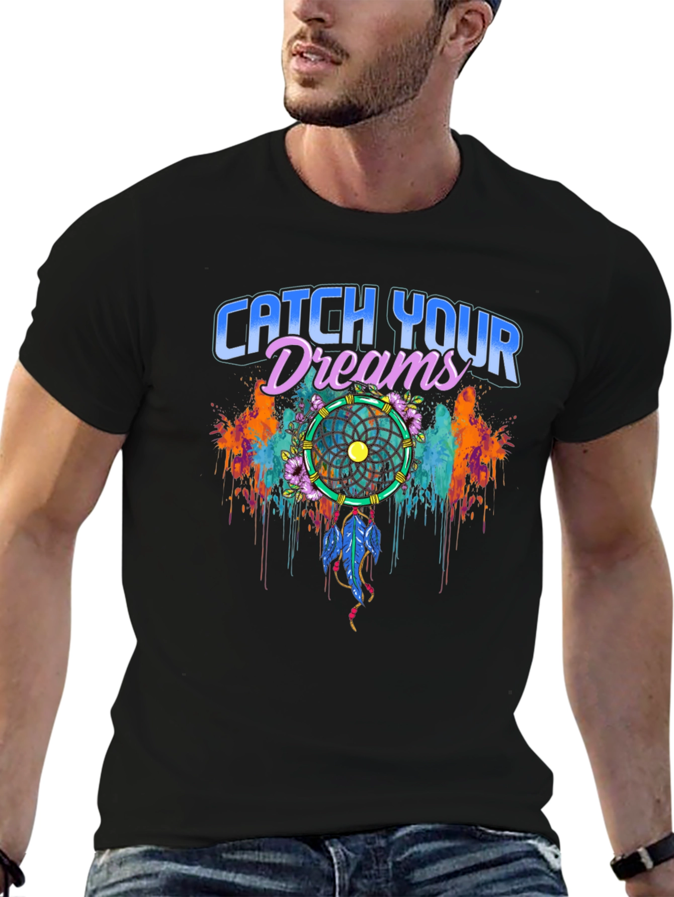 Black Catch Your Dreams Graphic Tee - Dreamcatcher Design view 6