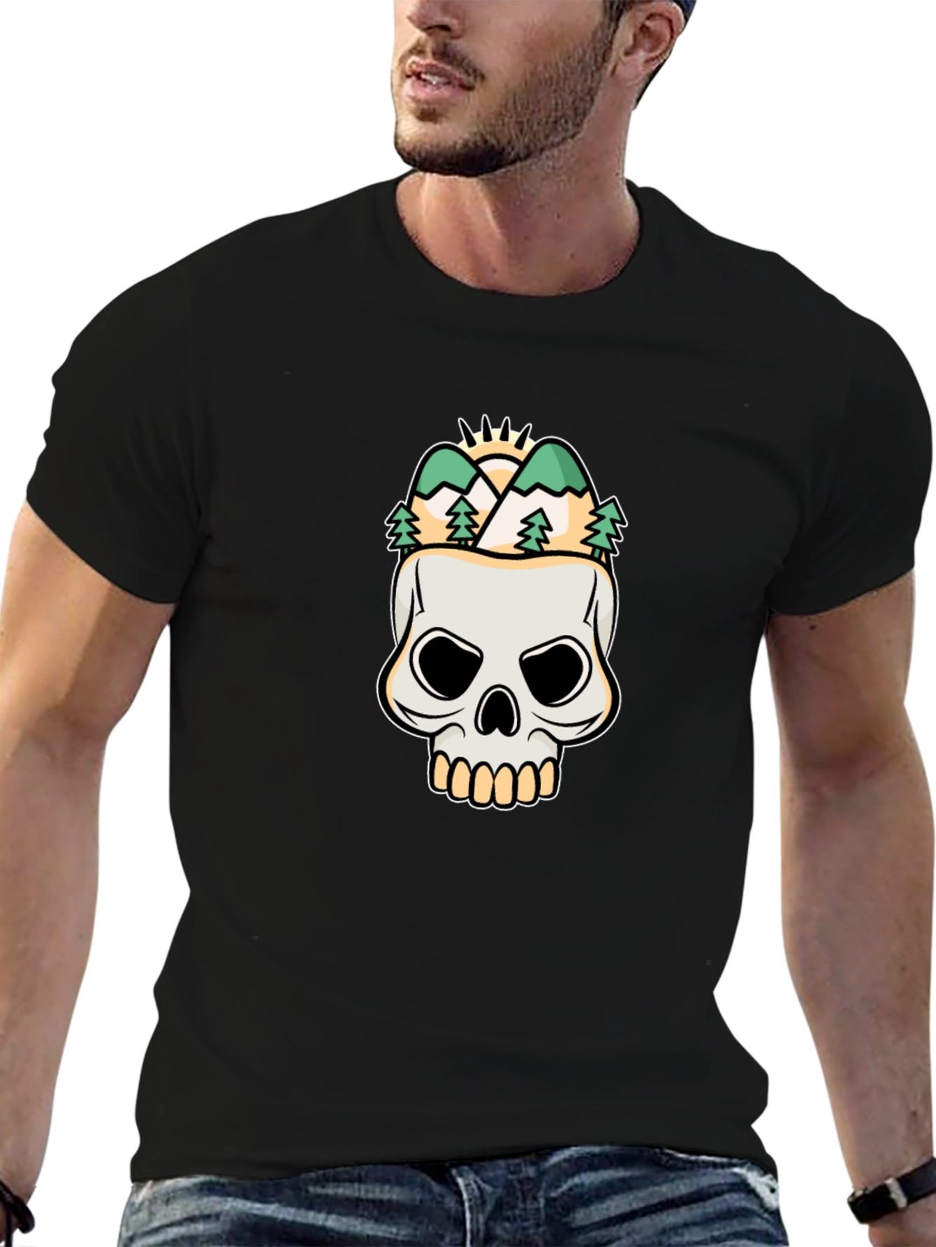 Black Skull & Mountain Graphic Tee - Stylish Black T-Shirt view 6