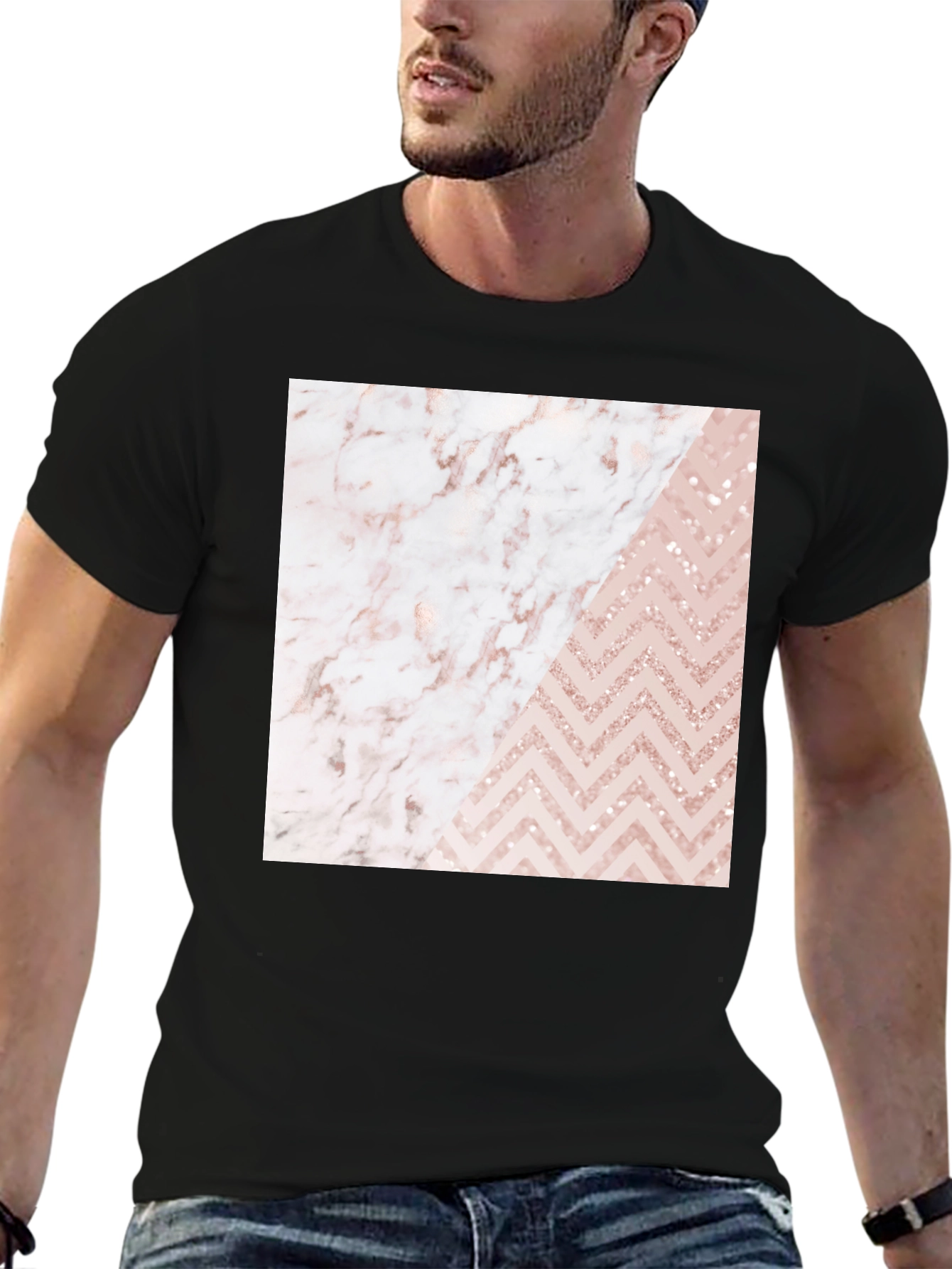 Black Modern Marble & Chevron Graphic T-Shirt view 6
