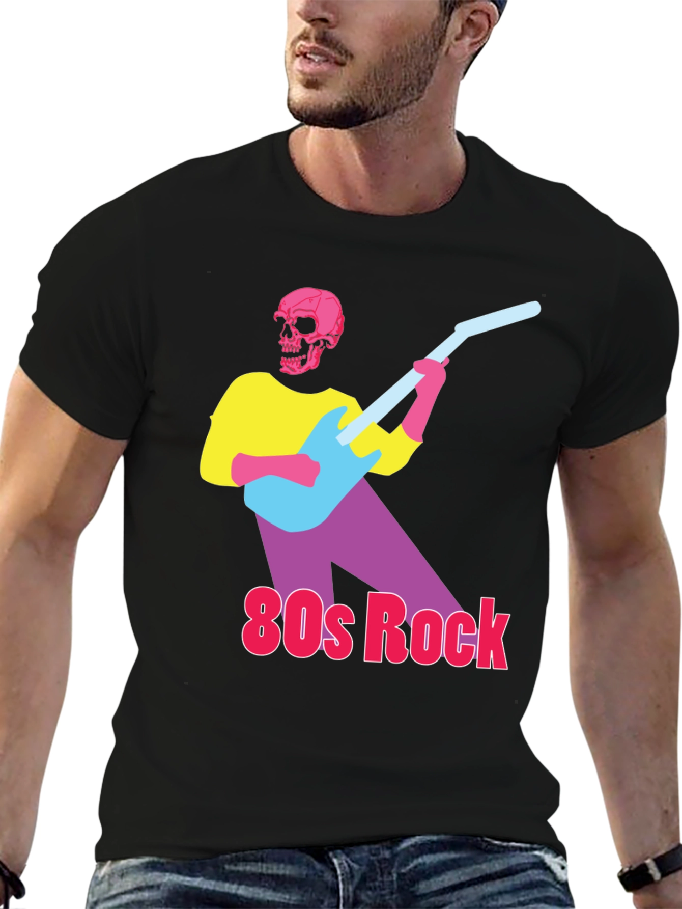 Black 80s Rock Skeleton Guitarist Graphic Tee view 6