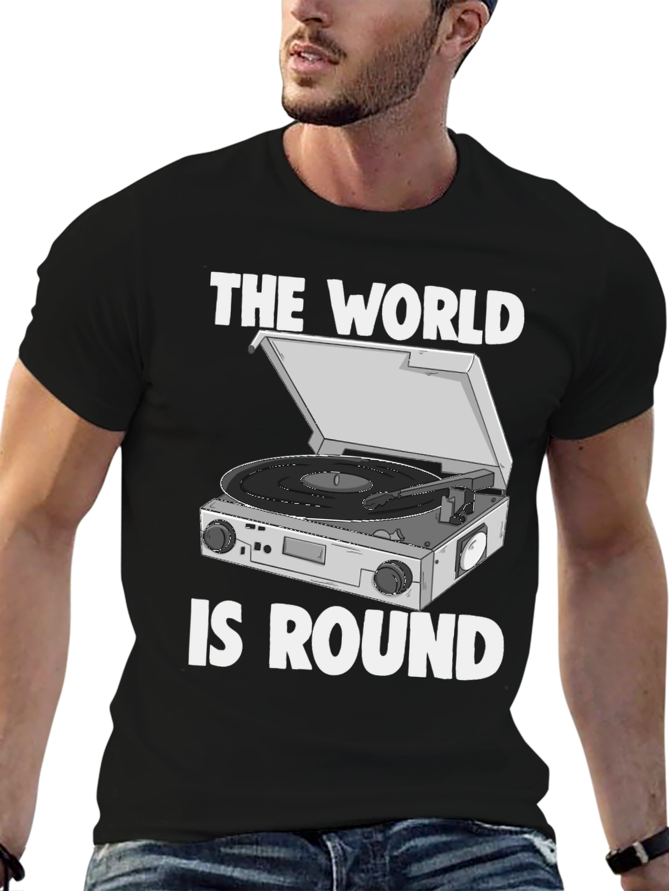 Black The World is Round Vinyl Turntable T-Shirt view 6