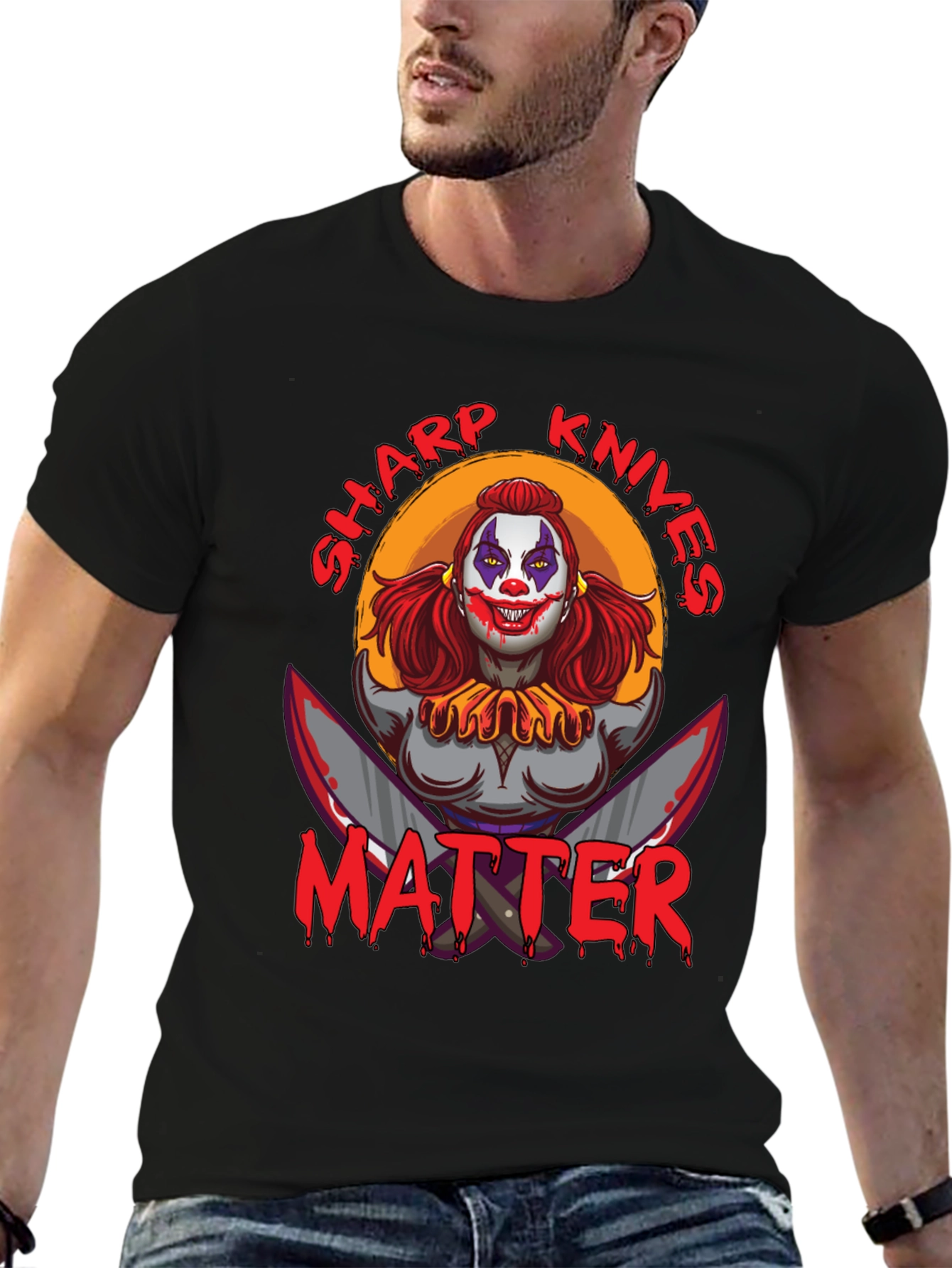 Black Sharp Knives Matter Graphic T-Shirt - Horror Clown Tee view 6