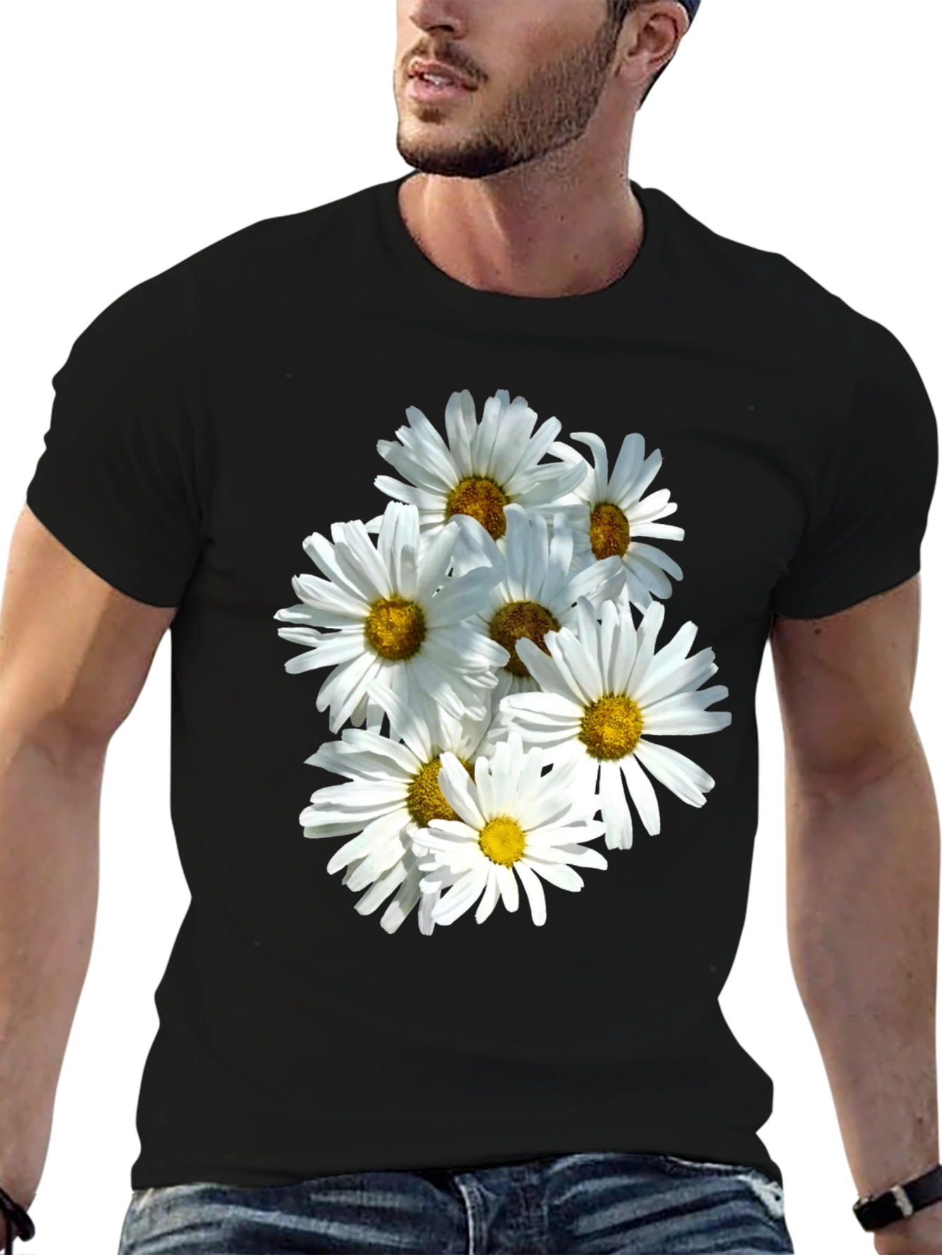 Black Daisy Flower T-Shirt - Black Cotton Graphic Tee view 6