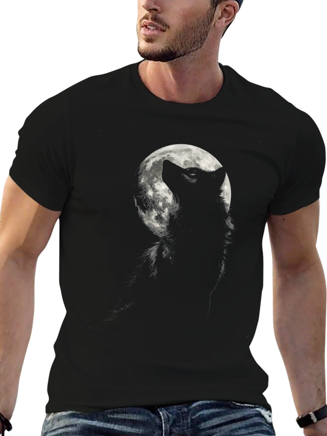 Black Wolf Moon Graphic Tee - Black Cotton T-Shirt view 6