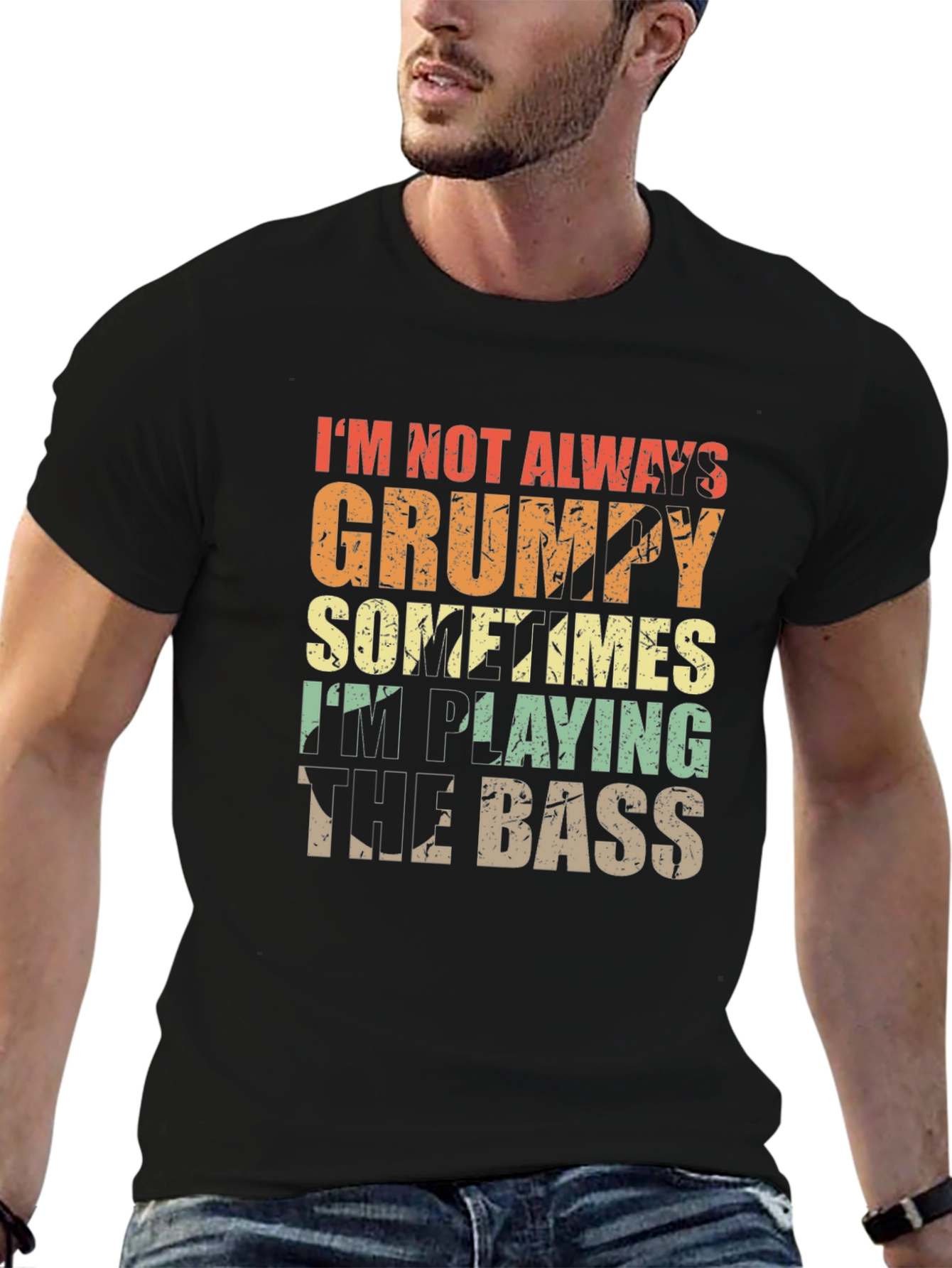 Black Grumpy Bass Player Black T-Shirt view 6