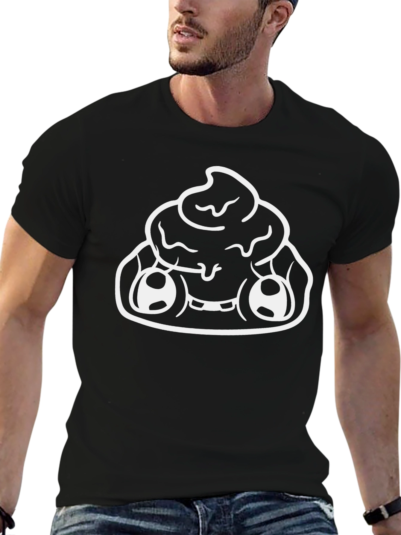 Black Funny Poop Emoji Graphic Print Black T-Shirt view 6